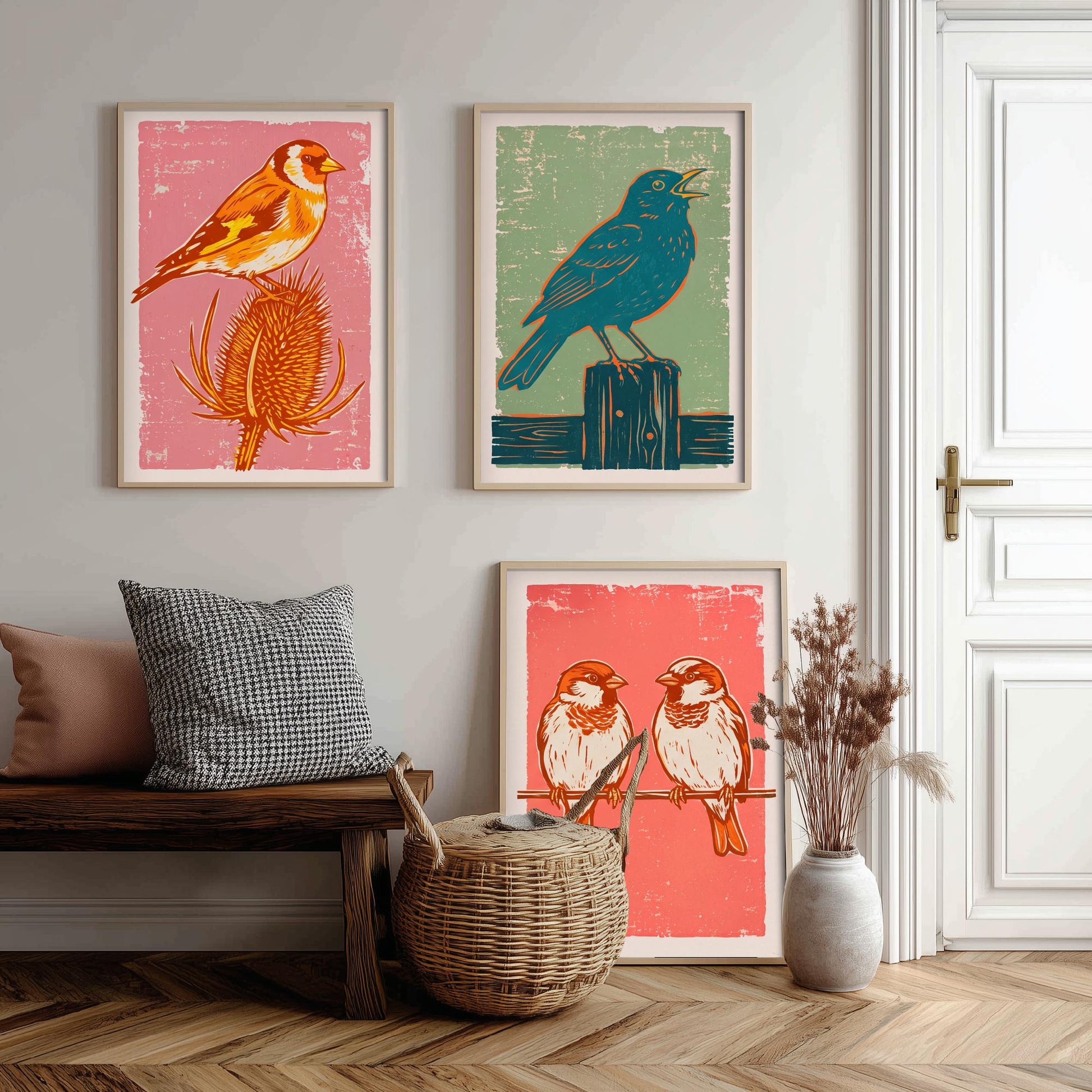 Set of Three Goldfinch, Blackbird and Sparrow Art Prints - Garden Bird Linocut Illustrations - British Songbird Posters V2