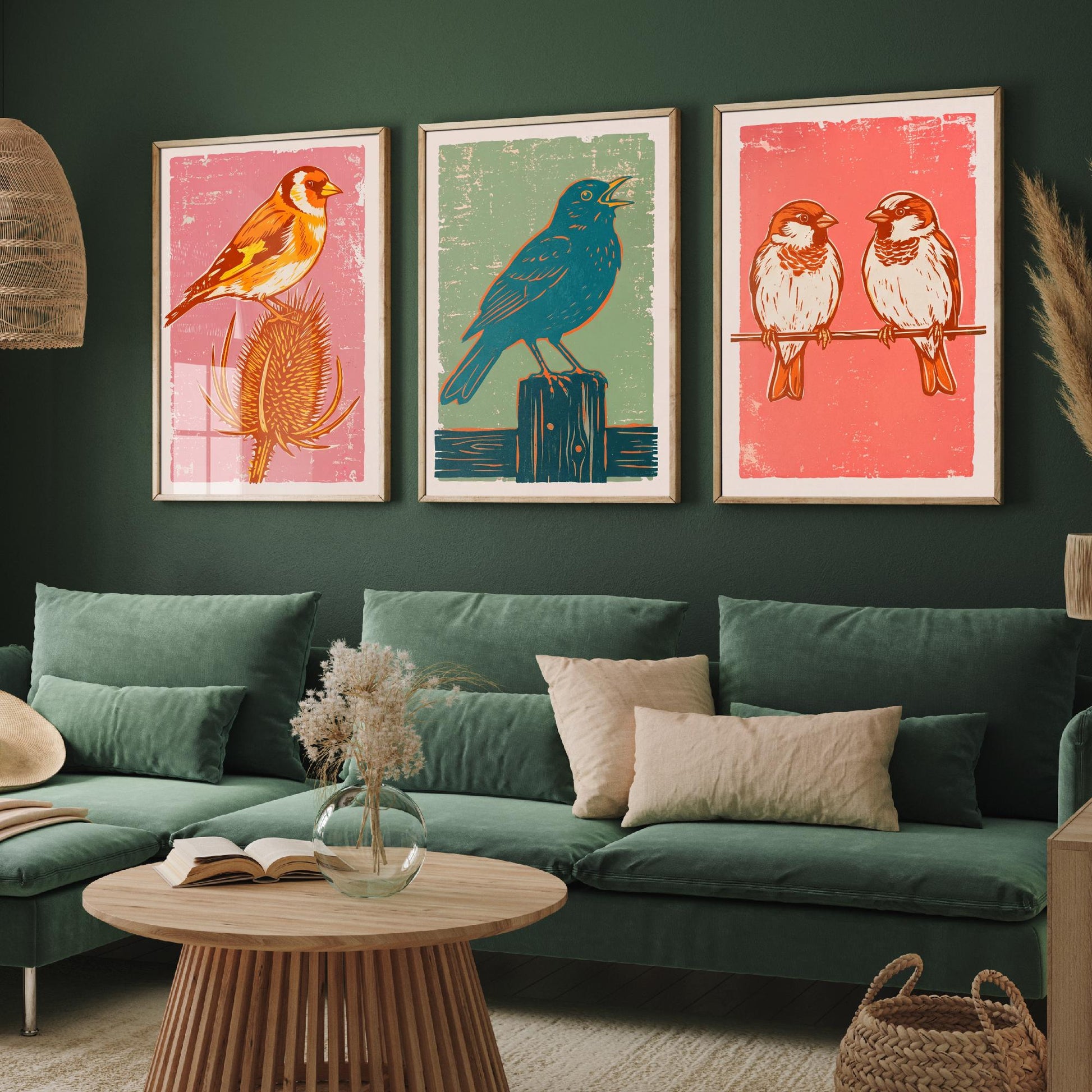 Set of Three Goldfinch, Blackbird and Sparrow Art Prints - Garden Bird Linocut Illustrations - British Songbird Posters V2