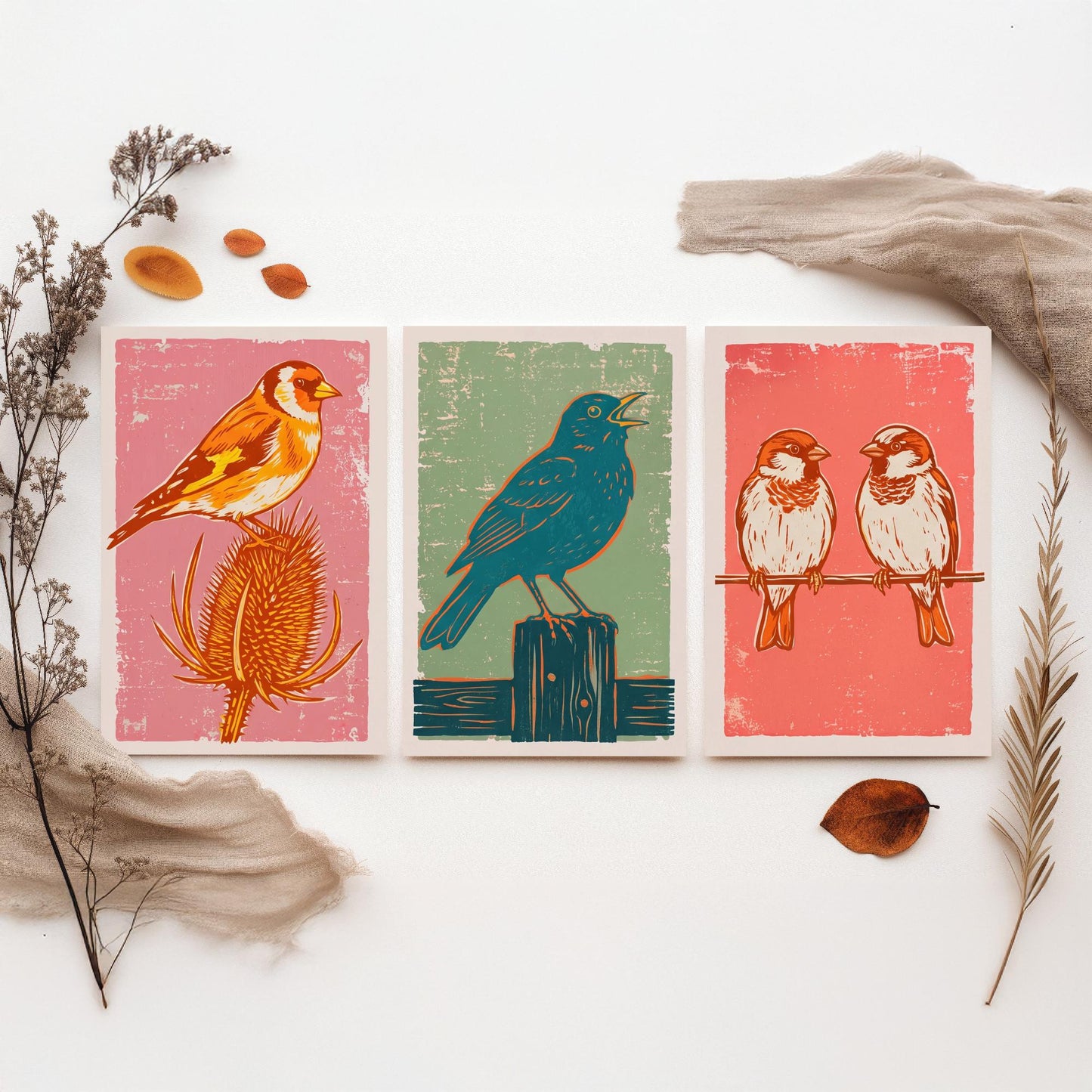 Set of Three Goldfinch, Blackbird and Sparrow Art Prints - Garden Bird Linocut Illustrations - British Songbird Posters V2