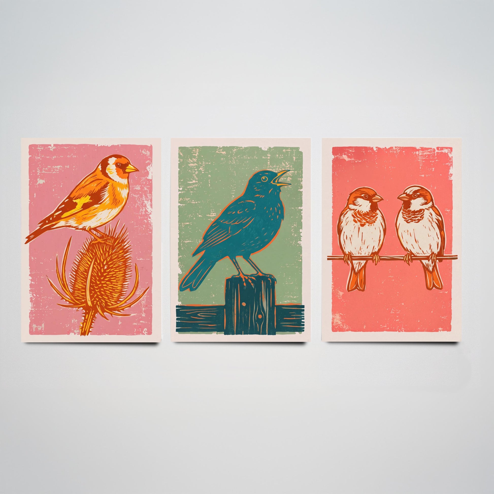 Set of Three Goldfinch, Blackbird and Sparrow Art Prints - Garden Bird Linocut Illustrations - British Songbird Posters V2