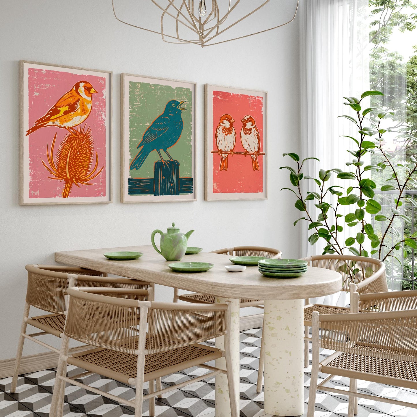 Set of Three Goldfinch, Blackbird and Sparrow Art Prints - Garden Bird Linocut Illustrations - British Songbird Posters V2