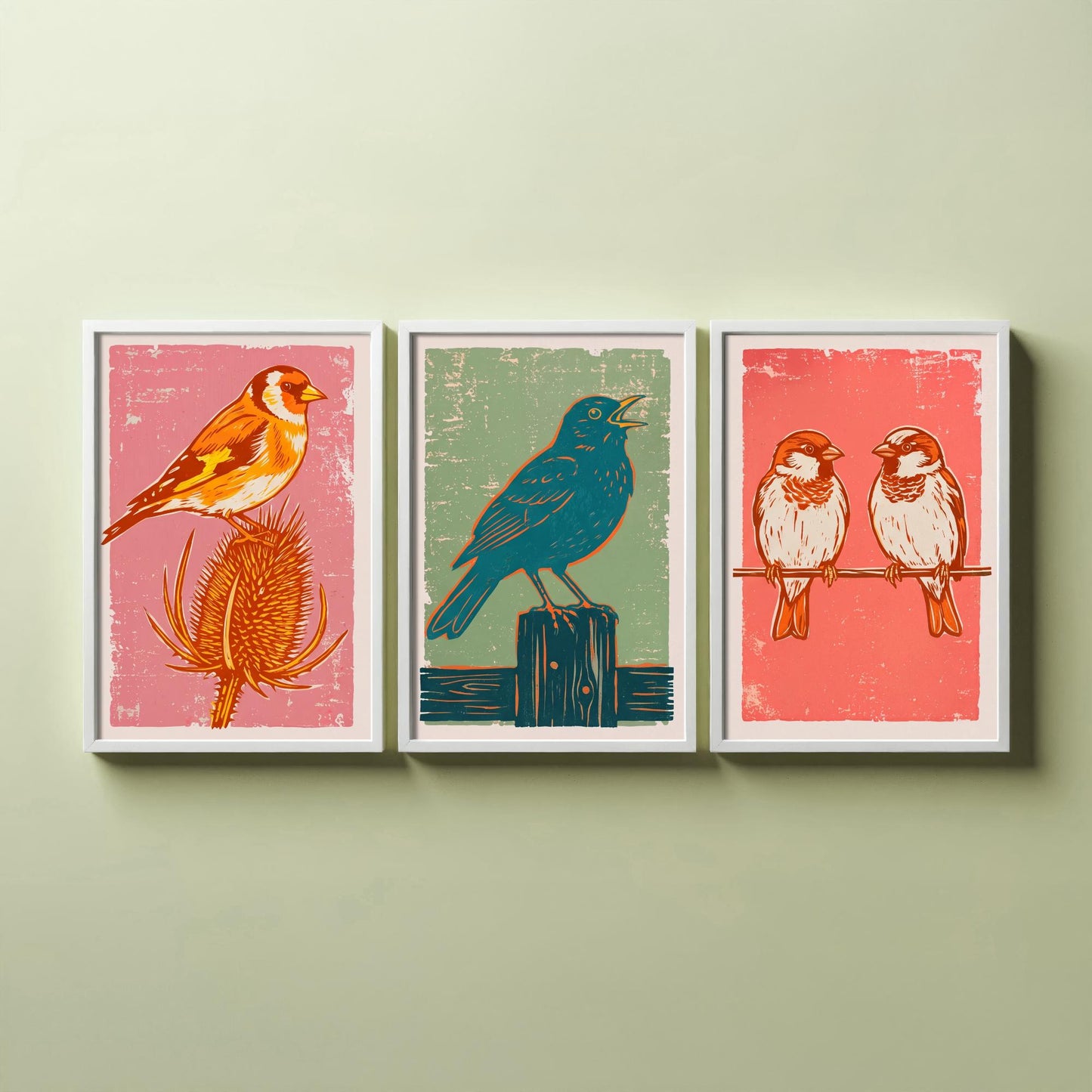 Set of Three Goldfinch, Blackbird and Sparrow Art Prints - Garden Bird Linocut Illustrations - British Songbird Posters V2