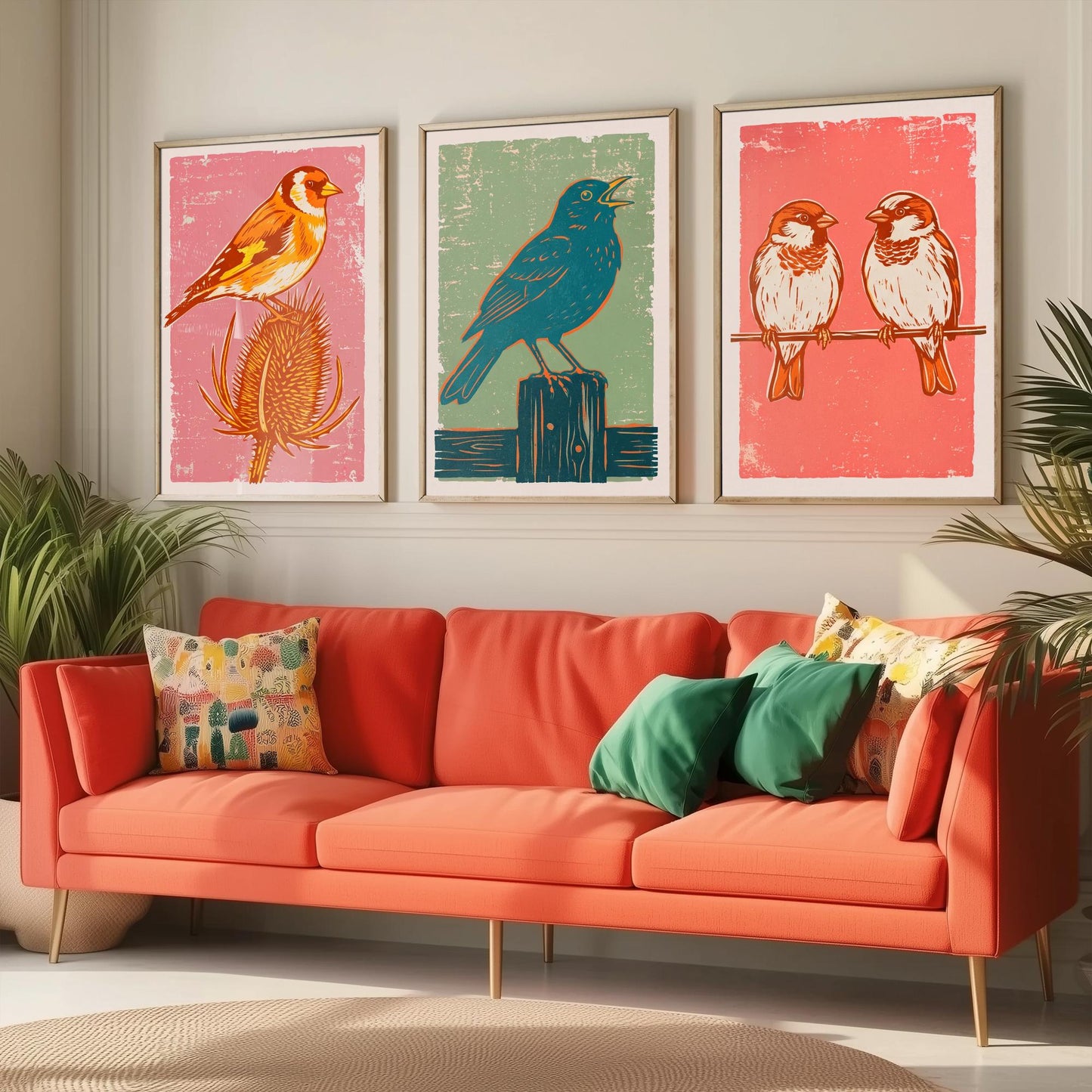 Set of Three Goldfinch, Blackbird and Sparrow Art Prints - Garden Bird Linocut Illustrations - British Songbird Posters V2
