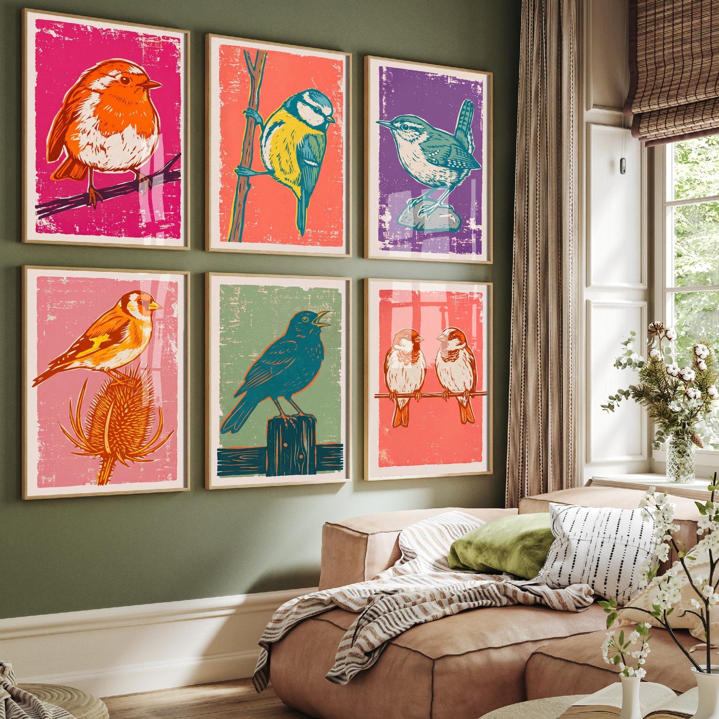 Set of Six Garden Bird Art Prints - 6 Linocut Illustrations - Robin, Blue Tit, Wren, Goldfinch, Blackbird, Sparrows - British Bird Posters