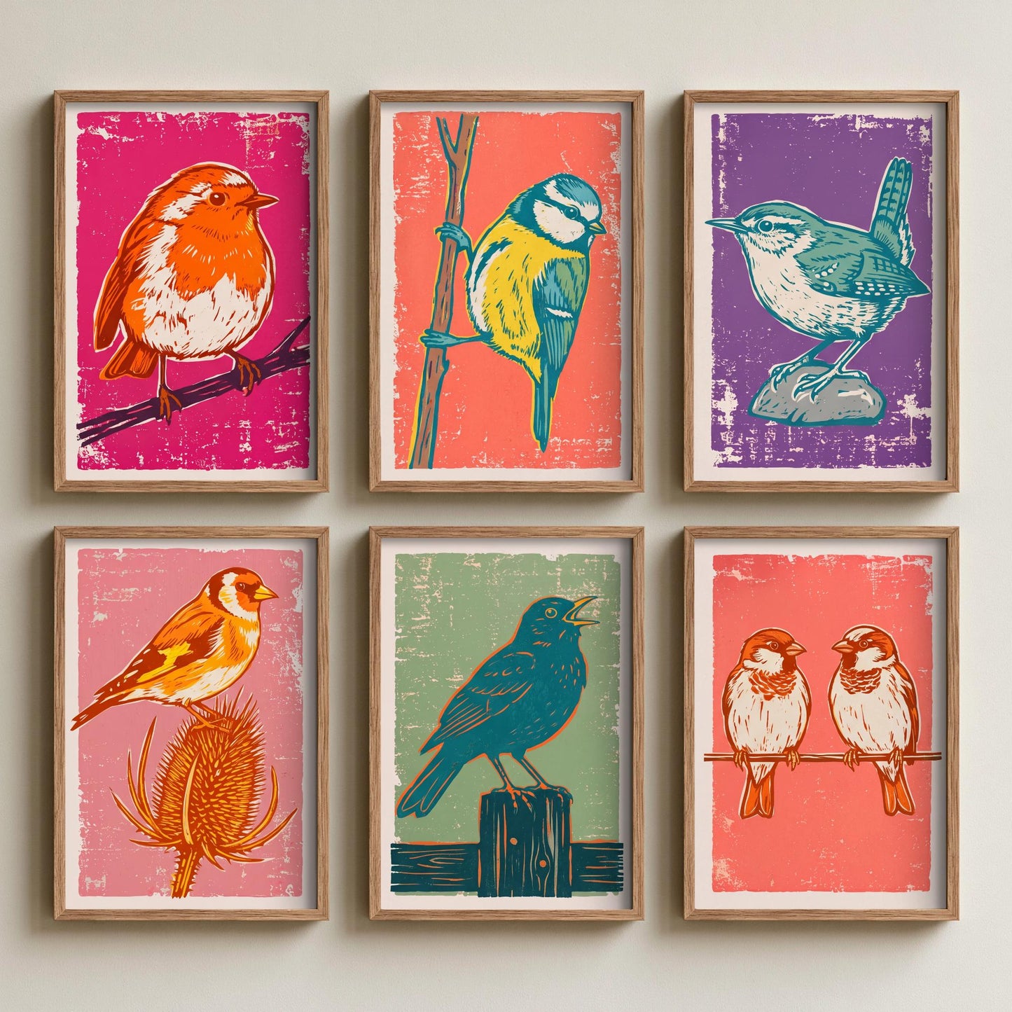 Set of Six Garden Bird Art Prints - 6 Linocut Illustrations - Robin, Blue Tit, Wren, Goldfinch, Blackbird, Sparrows - British Bird Posters