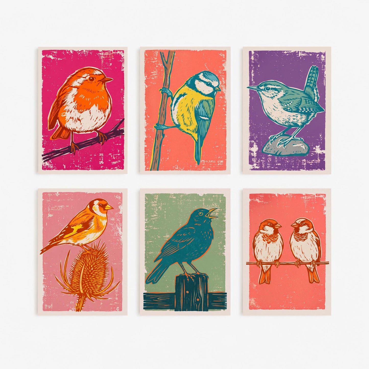 Set of Six Garden Bird Art Prints - 6 Linocut Illustrations - Robin, Blue Tit, Wren, Goldfinch, Blackbird, Sparrows - British Bird Posters
