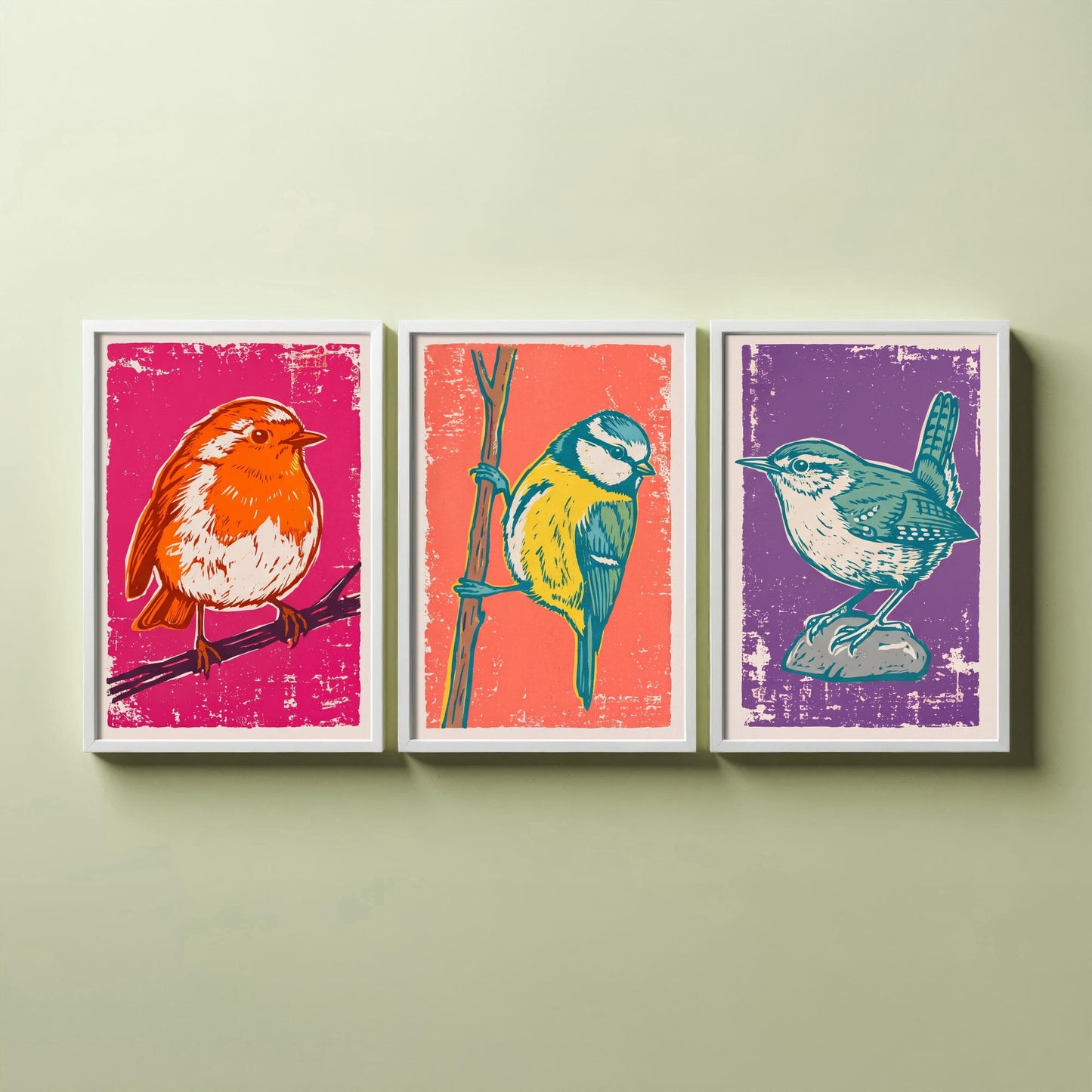 Set of Three Robin, Blue Tit and Wren Art Prints - Garden Bird Linocut Illustrations - British Bird Posters V1