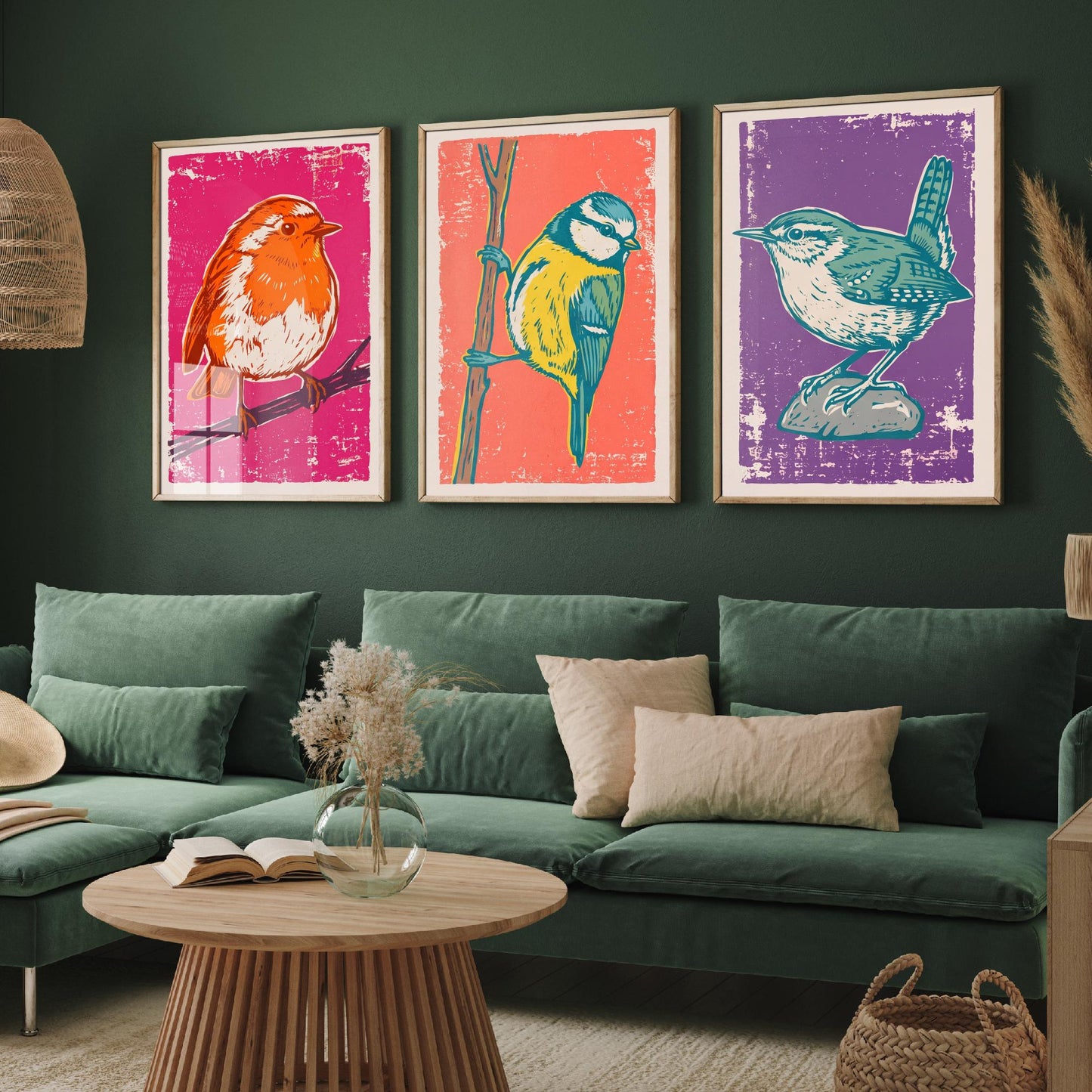 Set of Three Robin, Blue Tit and Wren Art Prints - Garden Bird Linocut Illustrations - British Bird Posters V1