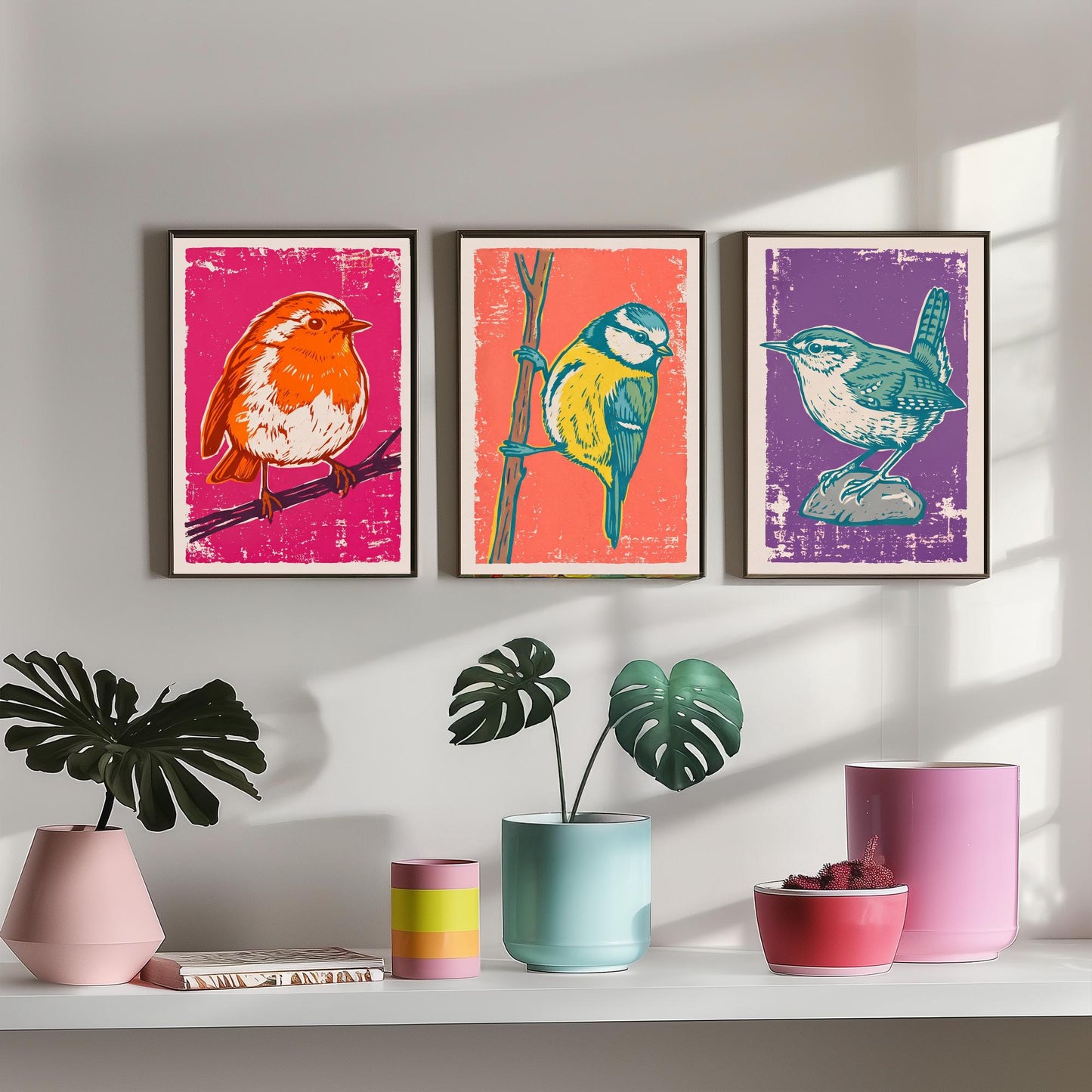 Set of Three Robin, Blue Tit and Wren Art Prints - Garden Bird Linocut Illustrations - British Bird Posters V1
