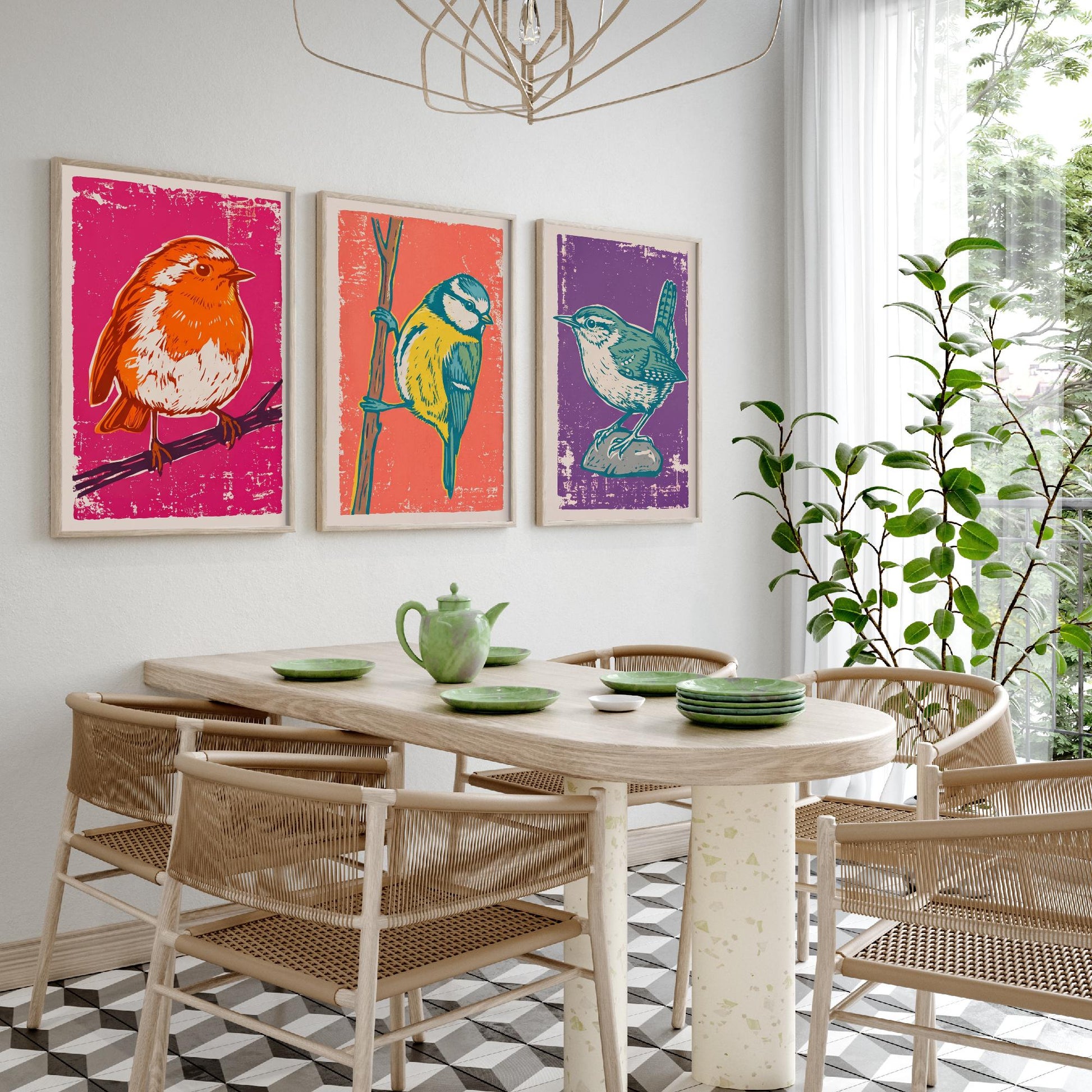Set of Three Robin, Blue Tit and Wren Art Prints - Garden Bird Linocut Illustrations - British Bird Posters V1