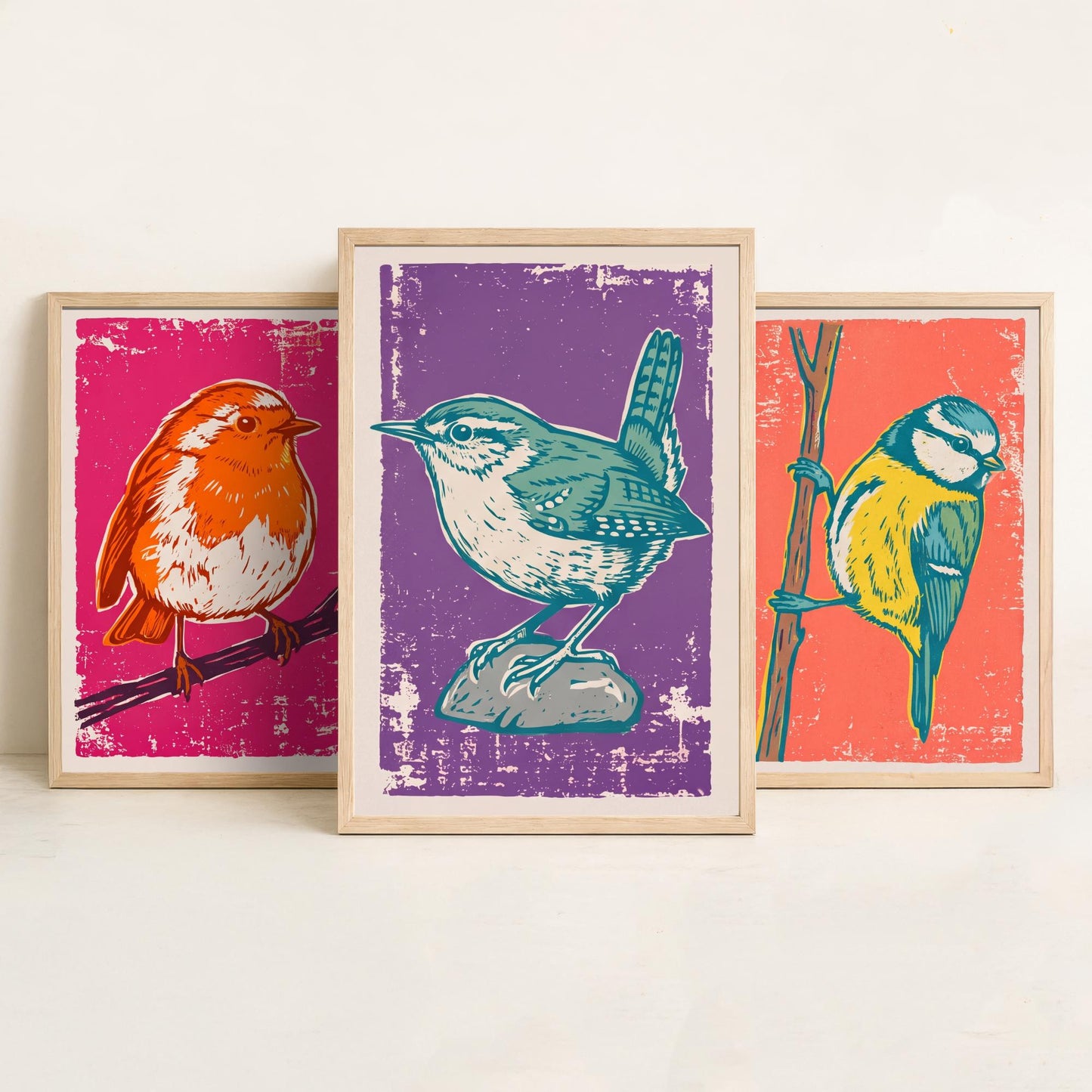 Set of Three Robin, Blue Tit and Wren Art Prints - Garden Bird Linocut Illustrations - British Bird Posters V1