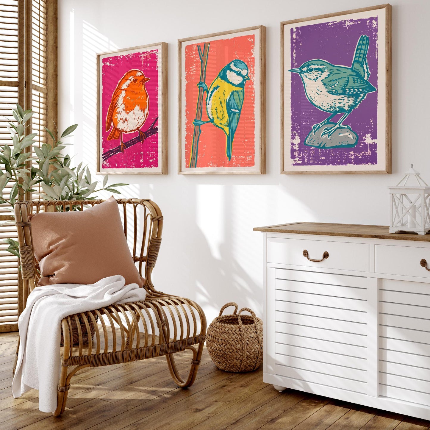 Set of Three Robin, Blue Tit and Wren Art Prints - Garden Bird Linocut Illustrations - British Bird Posters V1