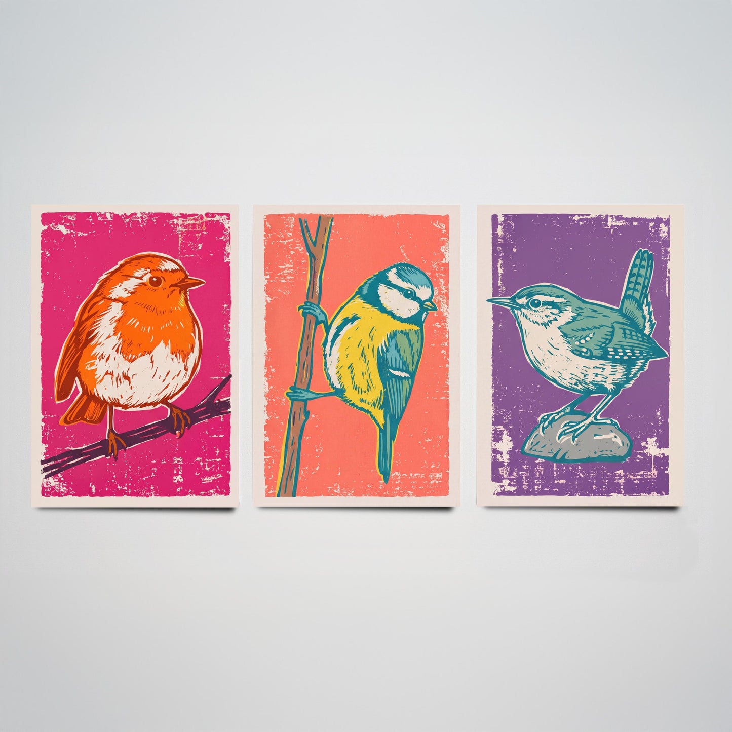 Set of Three Robin, Blue Tit and Wren Art Prints - Garden Bird Linocut Illustrations - British Bird Posters V1