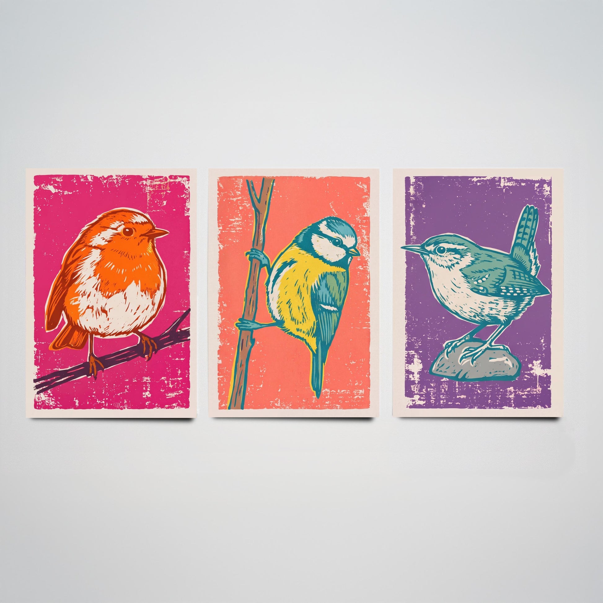 Set of Three Robin, Blue Tit and Wren Art Prints - Garden Bird Linocut Illustrations - British Bird Posters V1