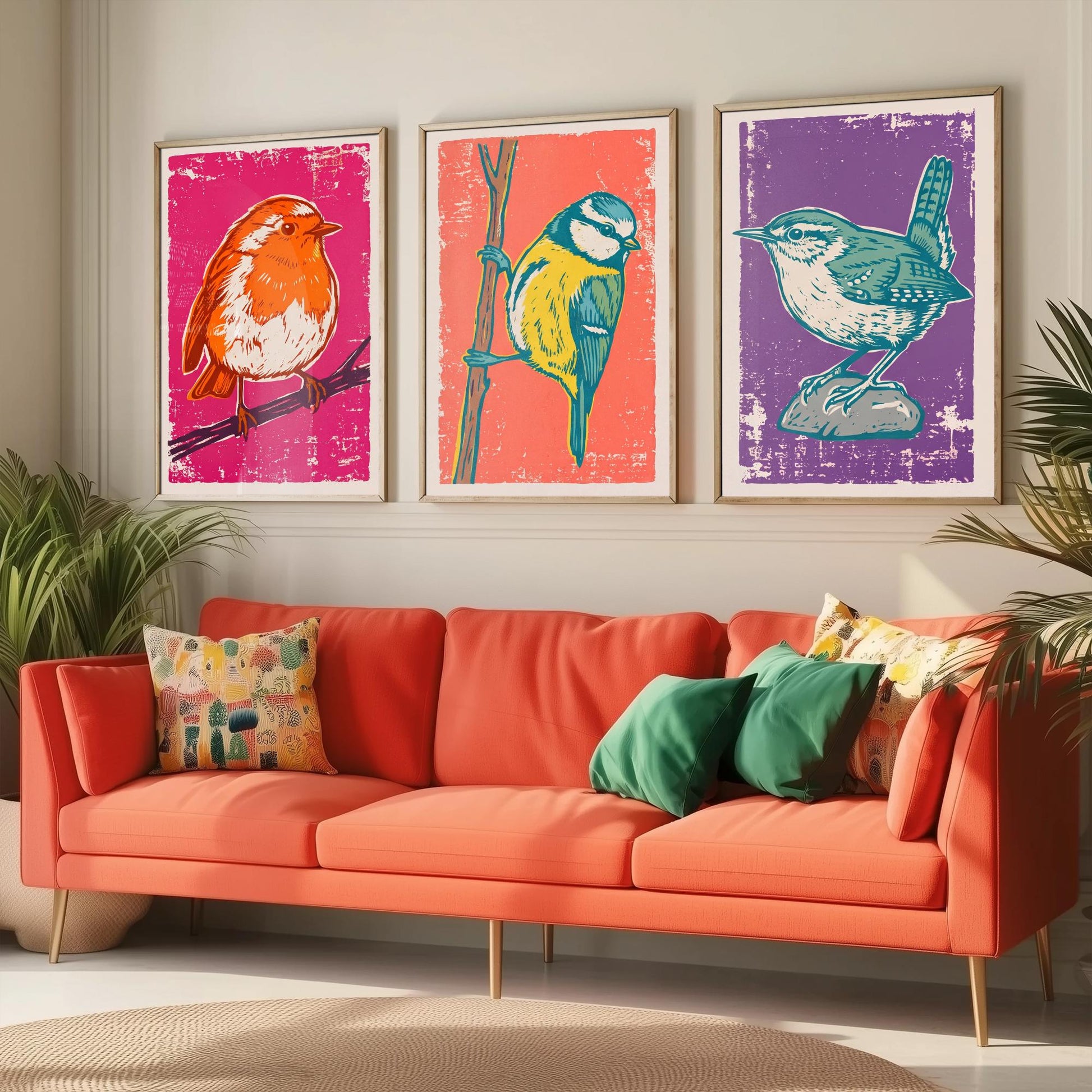 Set of Three Robin, Blue Tit and Wren Art Prints - Garden Bird Linocut Illustrations - British Bird Posters V1