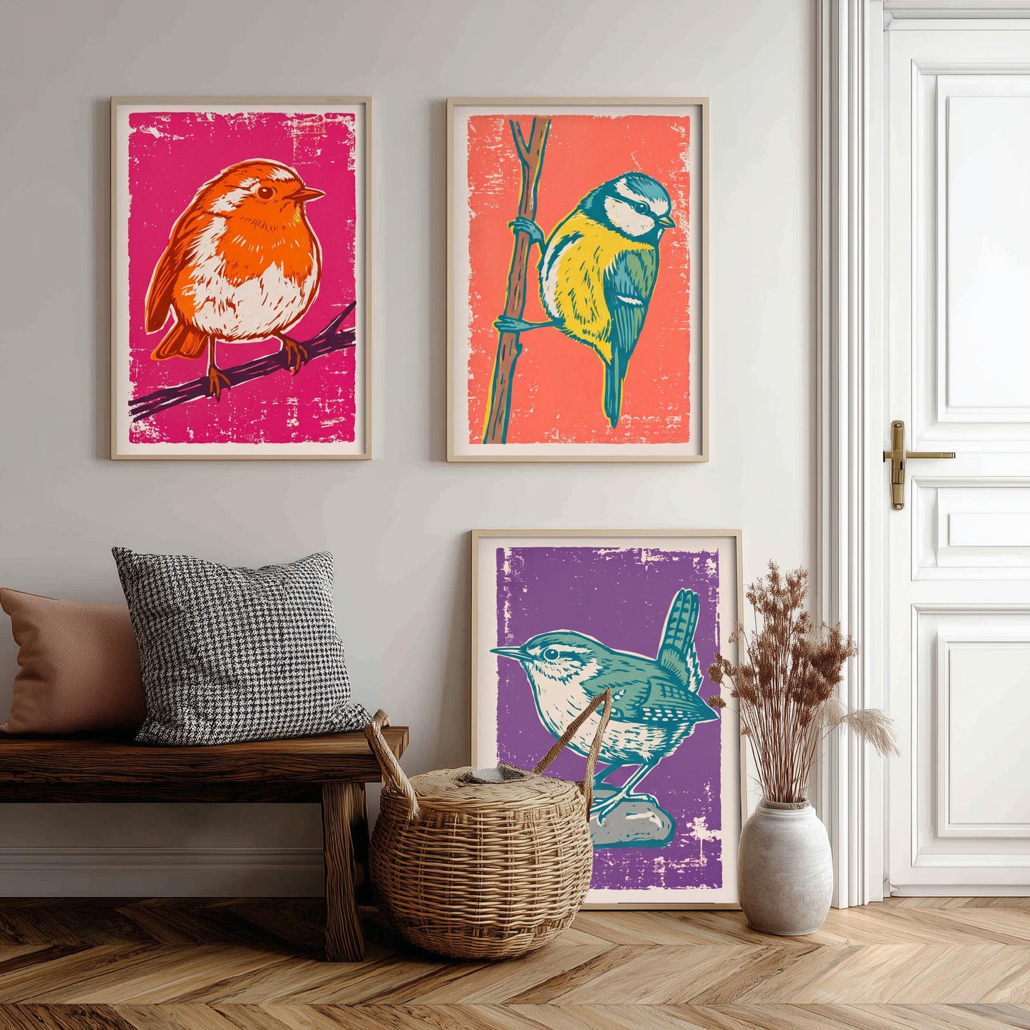 Set of Three Robin, Blue Tit and Wren Art Prints - Garden Bird Linocut Illustrations - British Bird Posters V1