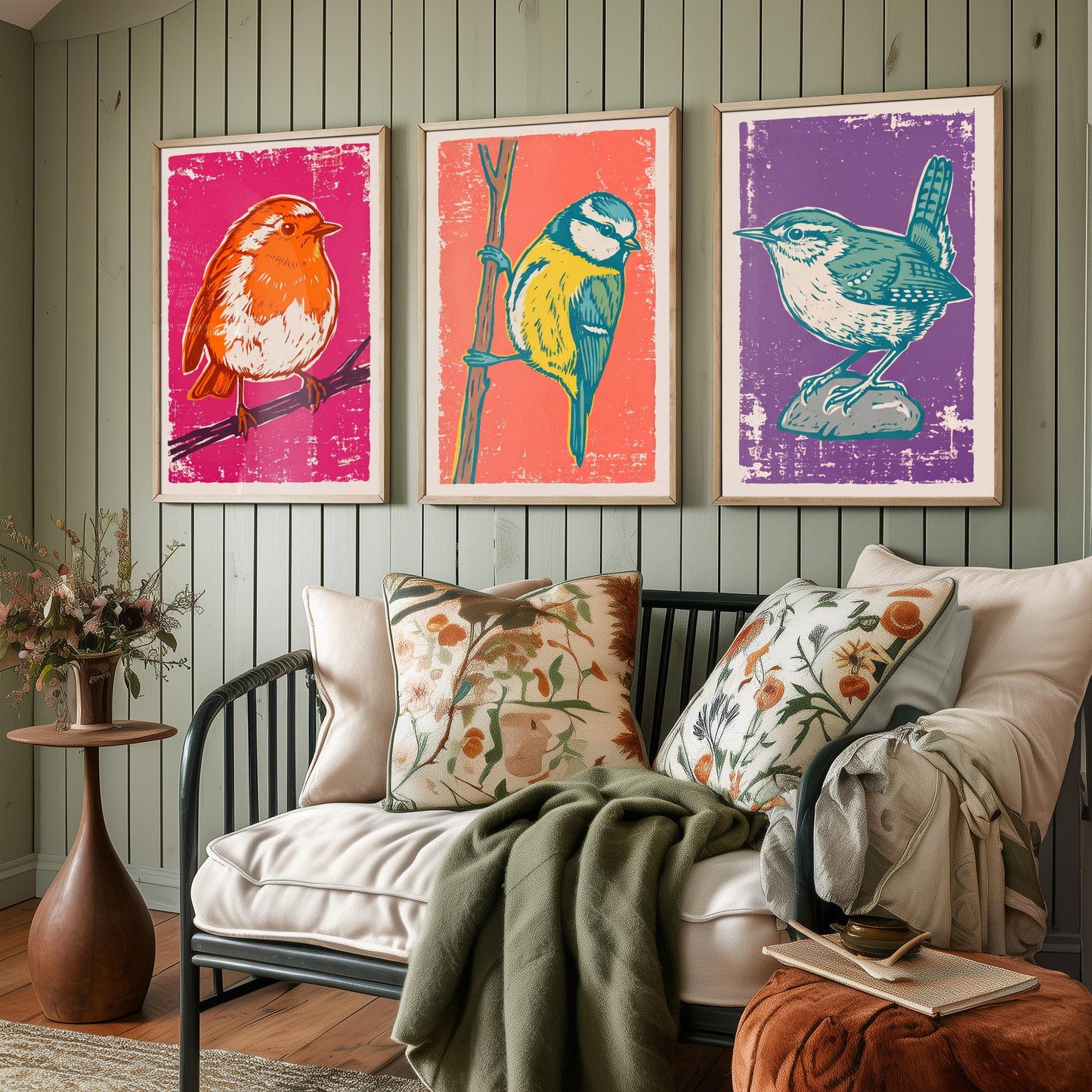 Set of Three Robin, Blue Tit and Wren Art Prints - Garden Bird Linocut Illustrations - British Bird Posters V1