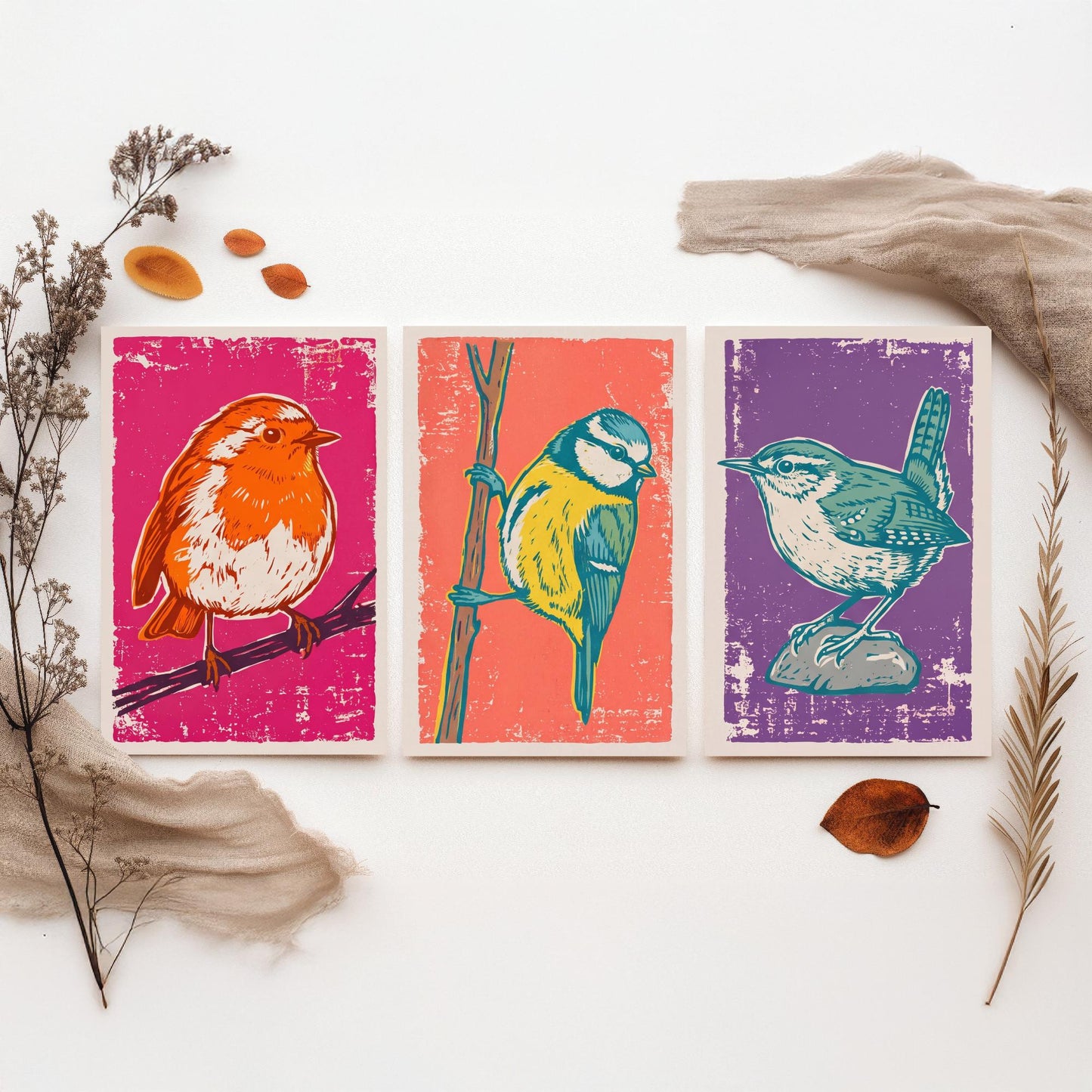 Set of Three Robin, Blue Tit and Wren Art Prints - Garden Bird Linocut Illustrations - British Bird Posters V1