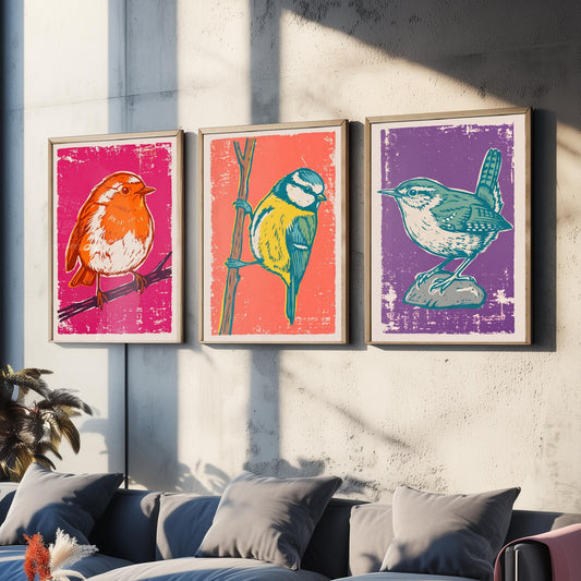 Set of Three Robin, Blue Tit and Wren Art Prints - Garden Bird Linocut Illustrations - British Bird Posters V1