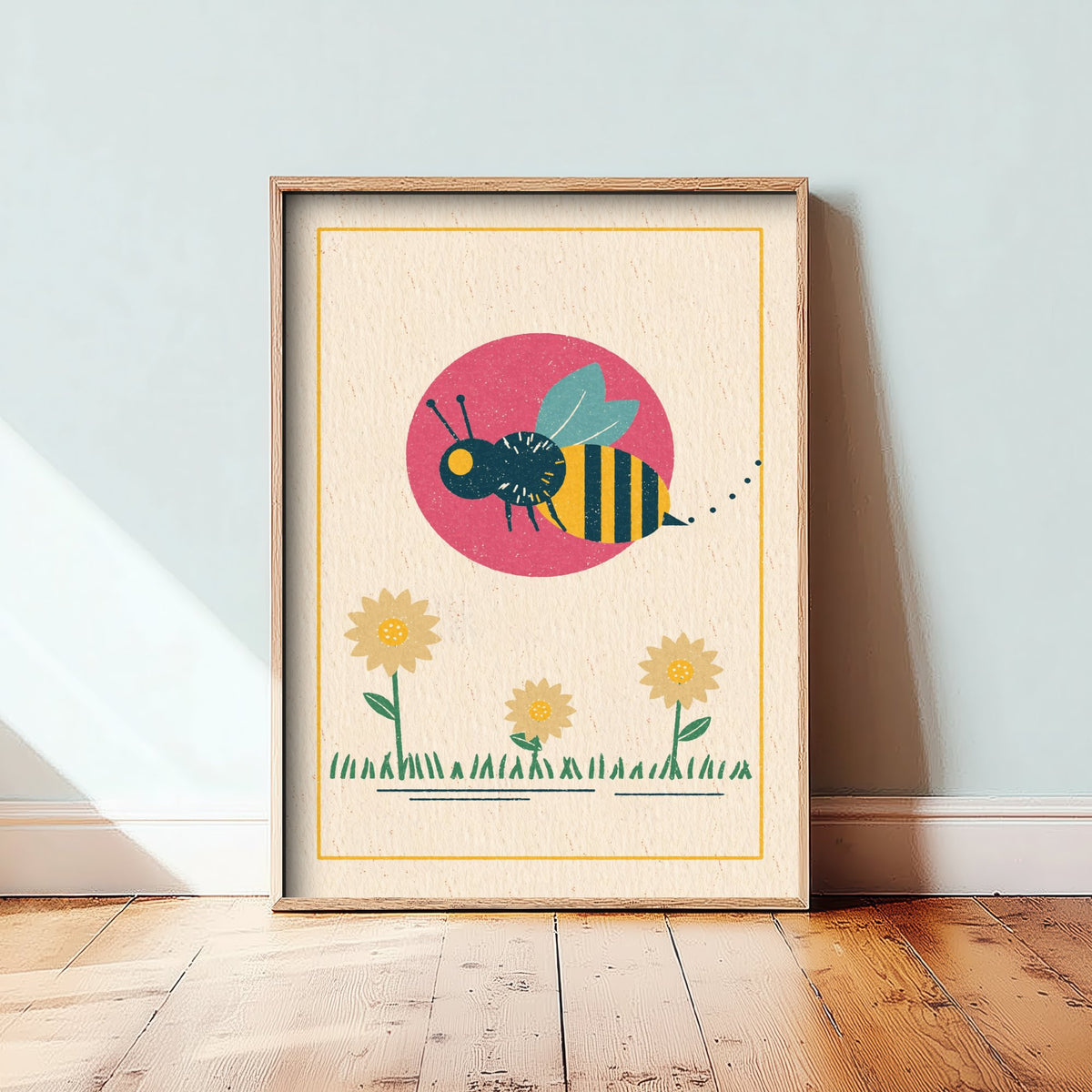 Bumblebee Art Print - Daisy Meadow Linocut Style Poster - Garden Pollinator Illustration V1 2/3