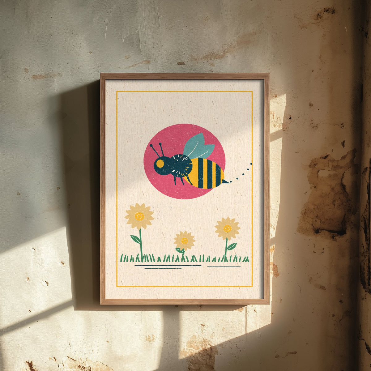 Bumblebee Art Print - Daisy Meadow Linocut Style Poster - Garden Pollinator Illustration V1 2/3