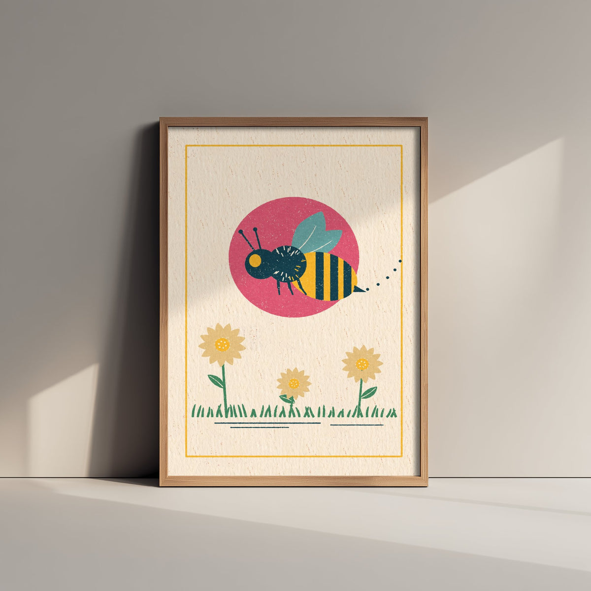 Bumblebee Art Print - Daisy Meadow Linocut Style Poster - Garden Pollinator Illustration V1 2/3