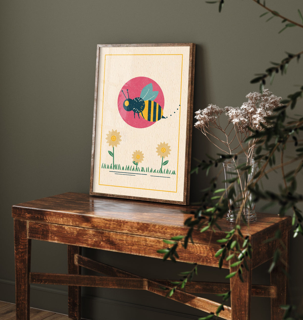 Bumblebee Art Print - Daisy Meadow Linocut Style Poster - Garden Pollinator Illustration V1 2/3