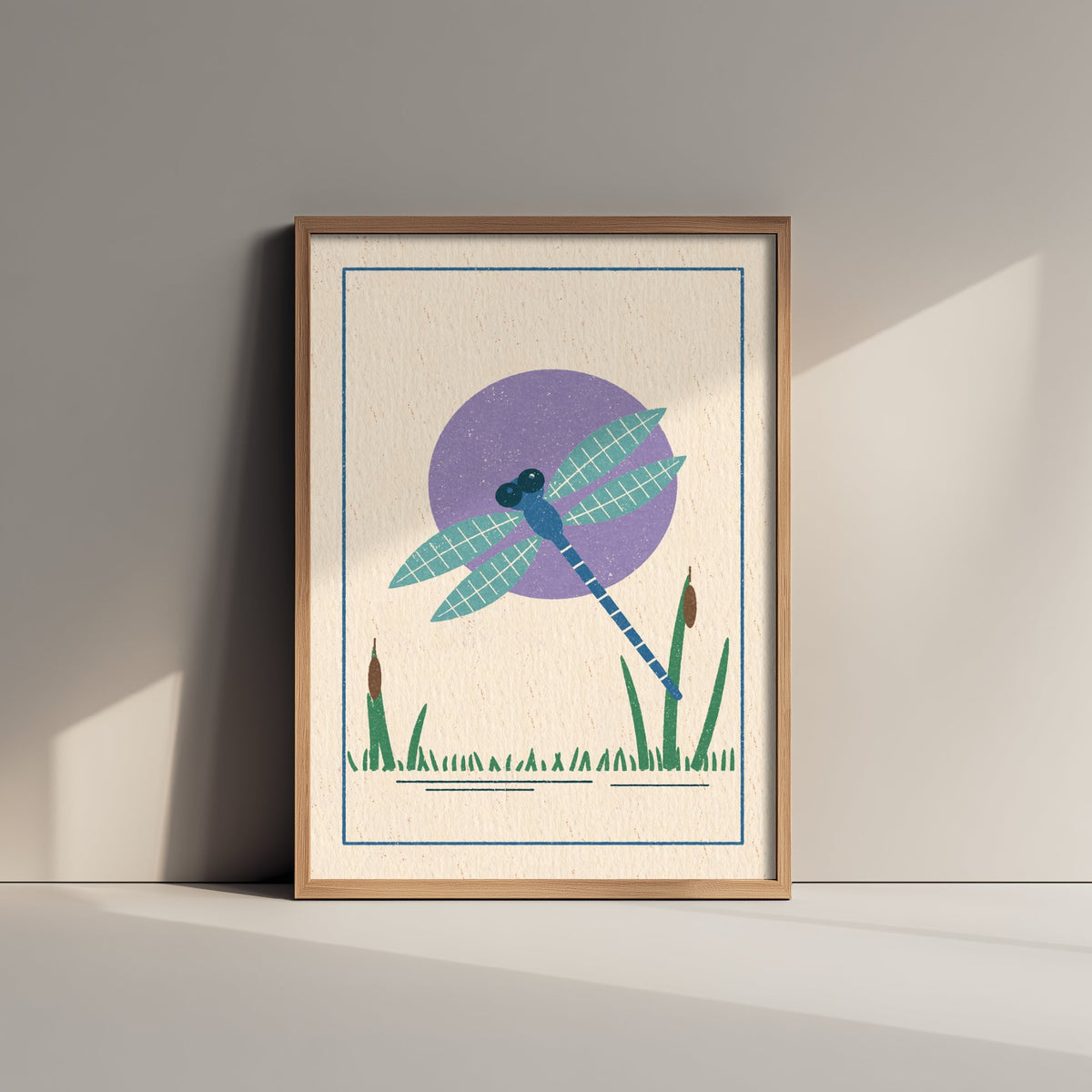 Dragonfly Art Print - Bulrush Pond Linocut Style Poster - Violet Sun Insect Illustration V1 3/3