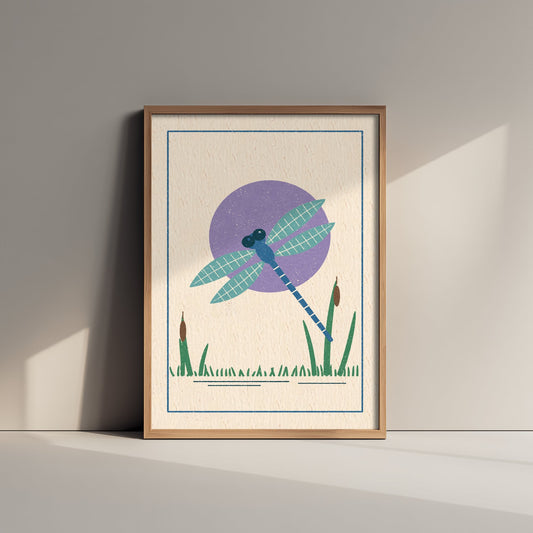 Dragonfly Art Print - Bulrush Pond Linocut Style Poster - Violet Sun Insect Illustration V1 3/3