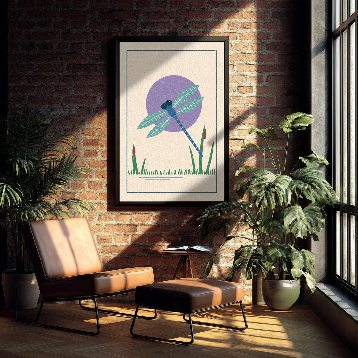 Dragonfly Art Print - Bulrush Pond Linocut Style Poster - Violet Sun Insect Illustration V1 3/3