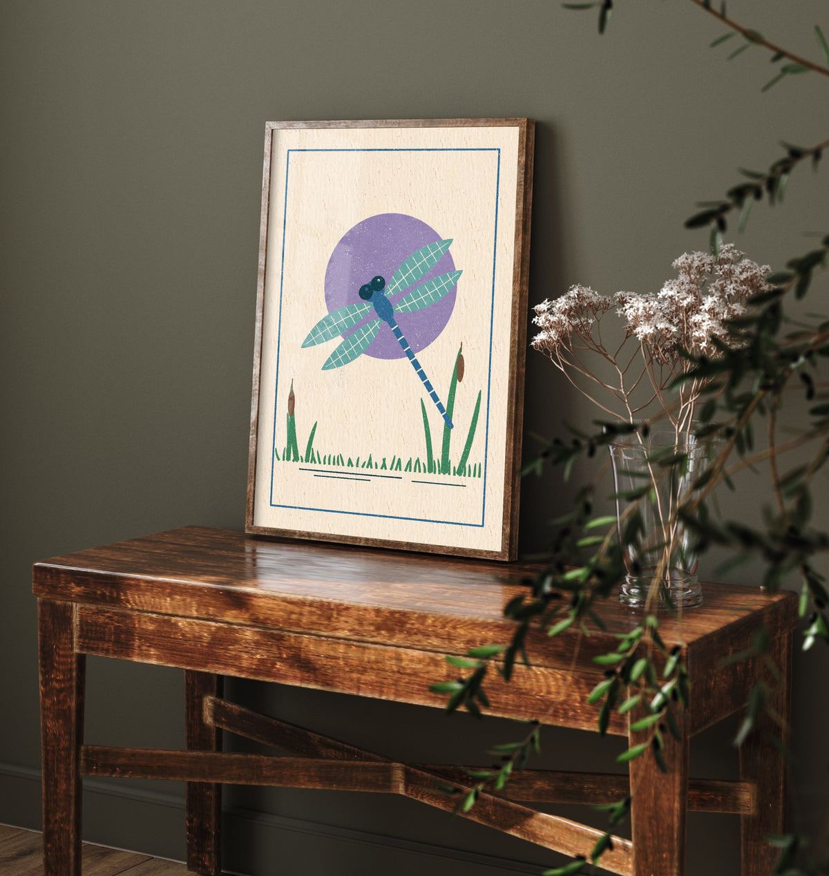 Dragonfly Art Print - Bulrush Pond Linocut Style Poster - Violet Sun Insect Illustration V1 3/3