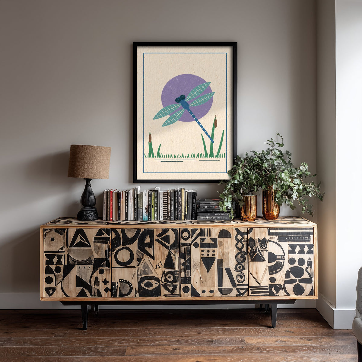 Dragonfly Art Print - Bulrush Pond Linocut Style Poster - Violet Sun Insect Illustration V1 3/3