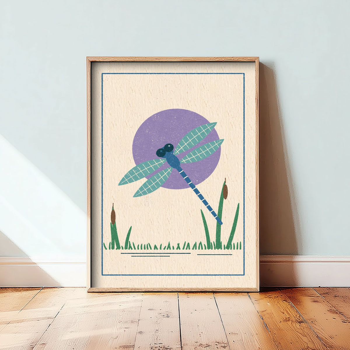 Dragonfly Art Print - Bulrush Pond Linocut Style Poster - Violet Sun Insect Illustration V1 3/3