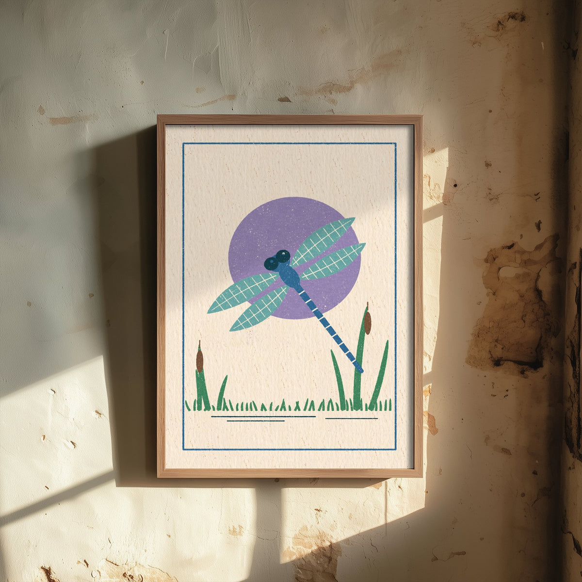 Dragonfly Art Print - Bulrush Pond Linocut Style Poster - Violet Sun Insect Illustration V1 3/3