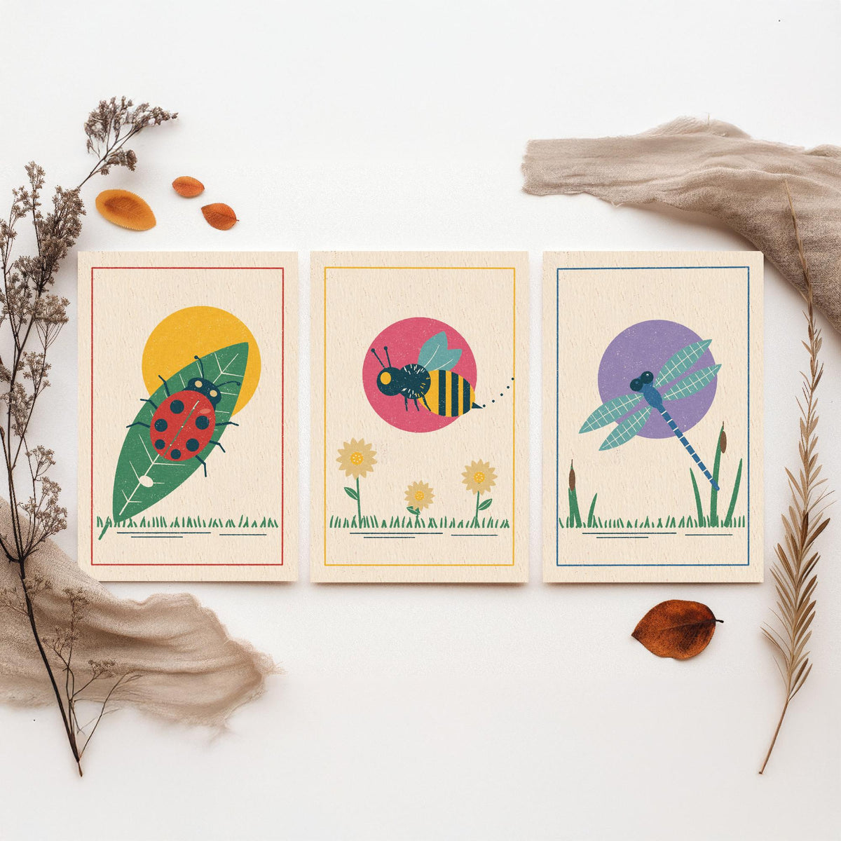 Garden Insect Set of Three Art Prints - Ladybird, Bee, Dragonfly - Linocut Style Poster Illustration V1