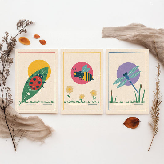 Garden Insect Set of Three Art Prints - Ladybird, Bee, Dragonfly - Linocut Style Poster Illustration V1