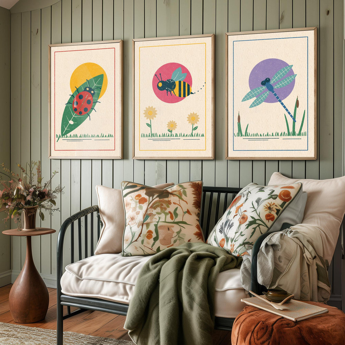 Garden Insect Set of Three Art Prints - Ladybird, Bee, Dragonfly - Linocut Style Poster Illustration V1