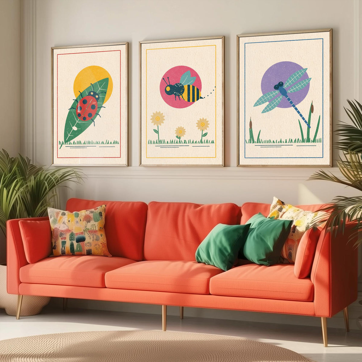 Garden Insect Set of Three Art Prints - Ladybird, Bee, Dragonfly - Linocut Style Poster Illustration V1