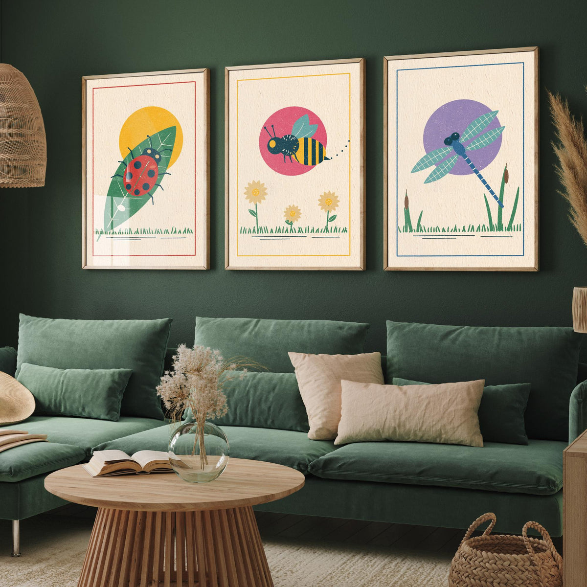 Garden Insect Set of Three Art Prints - Ladybird, Bee, Dragonfly - Linocut Style Poster Illustration V1