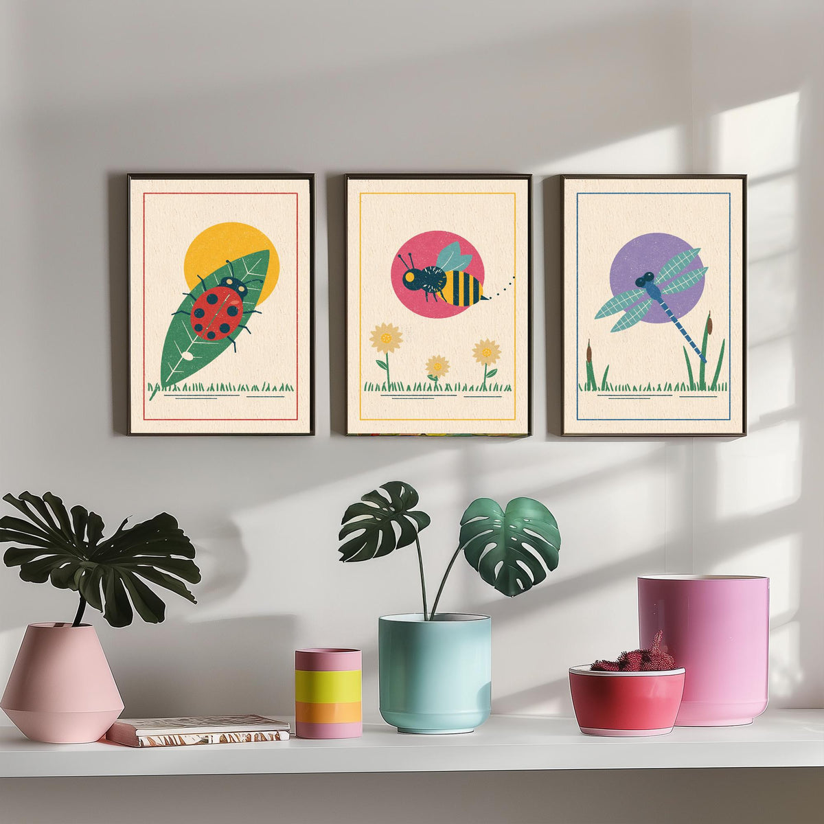 Garden Insect Set of Three Art Prints - Ladybird, Bee, Dragonfly - Linocut Style Poster Illustration V1