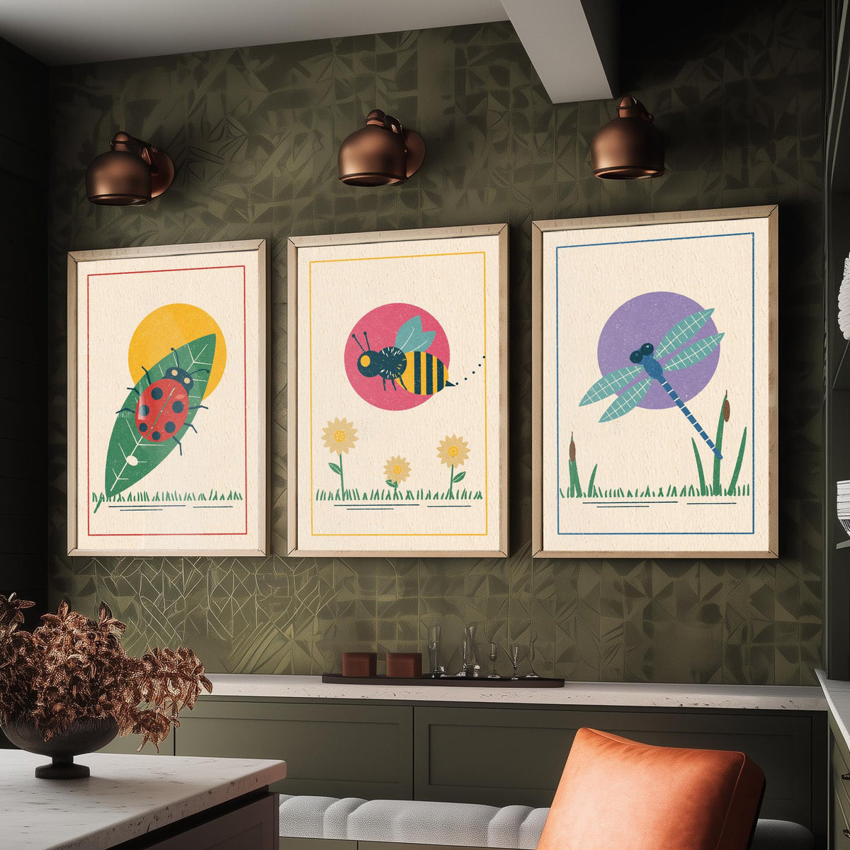 Garden Insect Set of Three Art Prints - Ladybird, Bee, Dragonfly - Linocut Style Poster Illustration V1