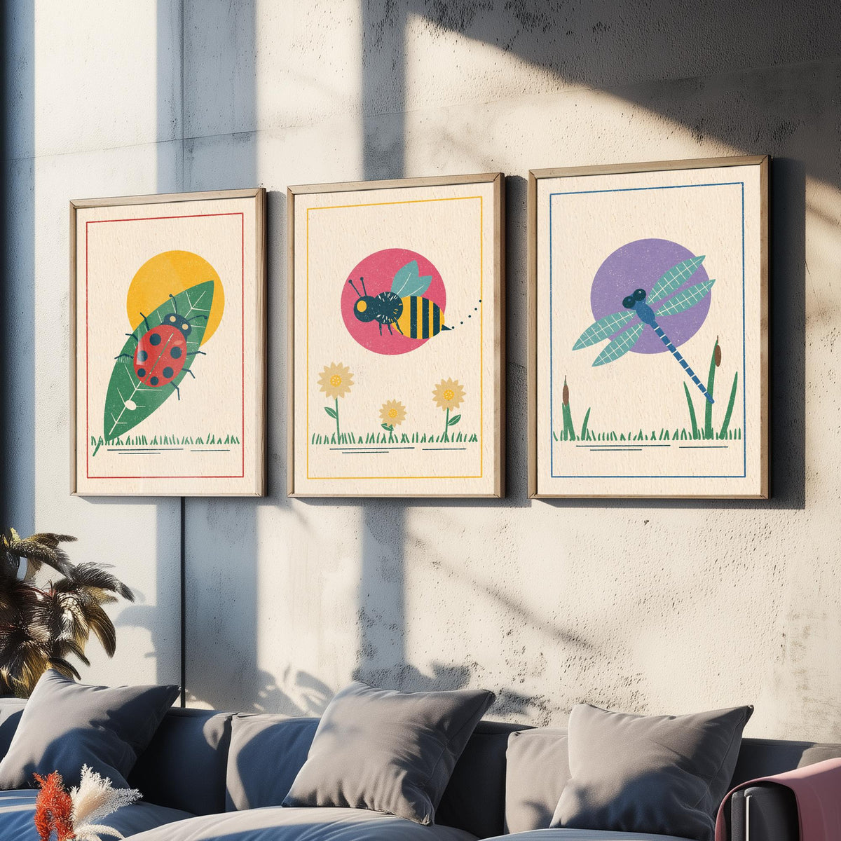 Garden Insect Set of Three Art Prints - Ladybird, Bee, Dragonfly - Linocut Style Poster Illustration V1