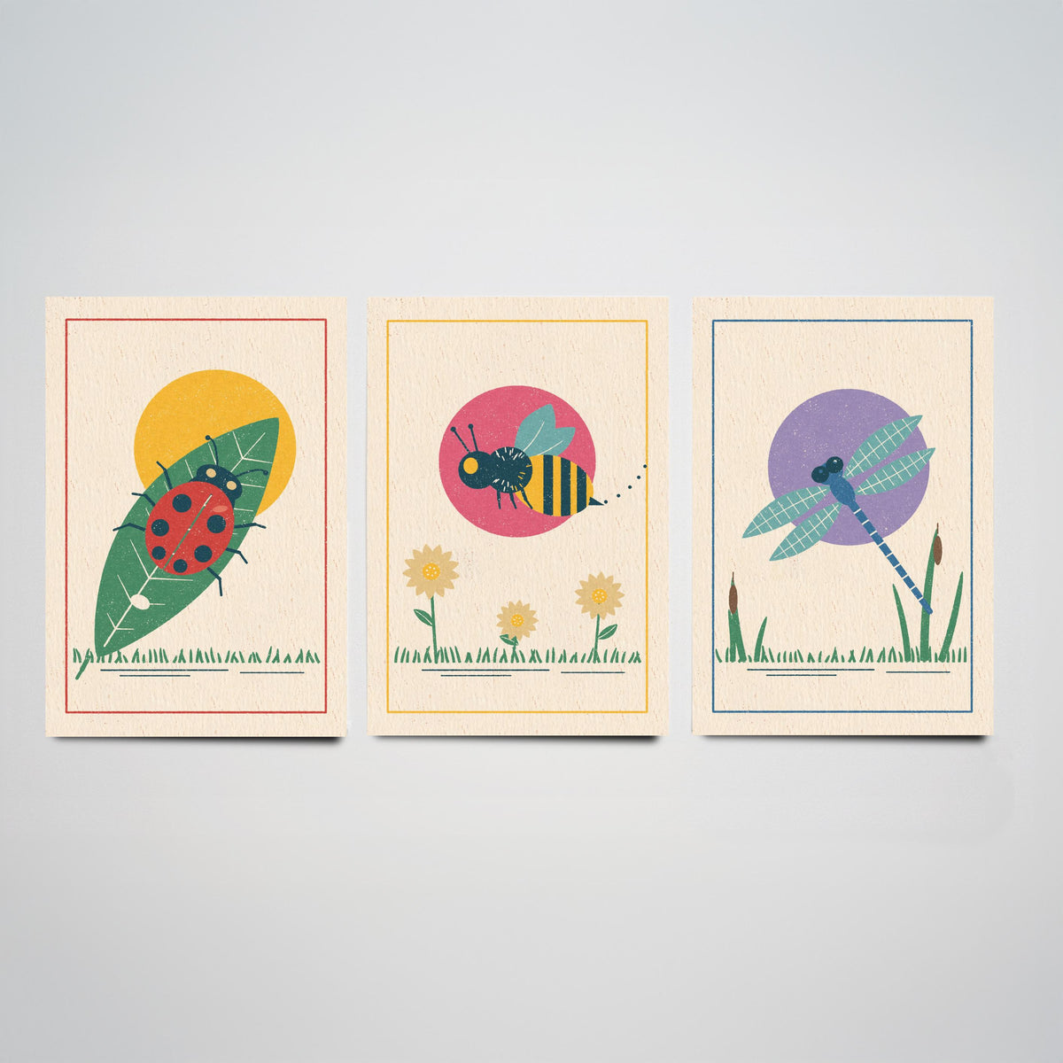 Garden Insect Set of Three Art Prints - Ladybird, Bee, Dragonfly - Linocut Style Poster Illustration V1