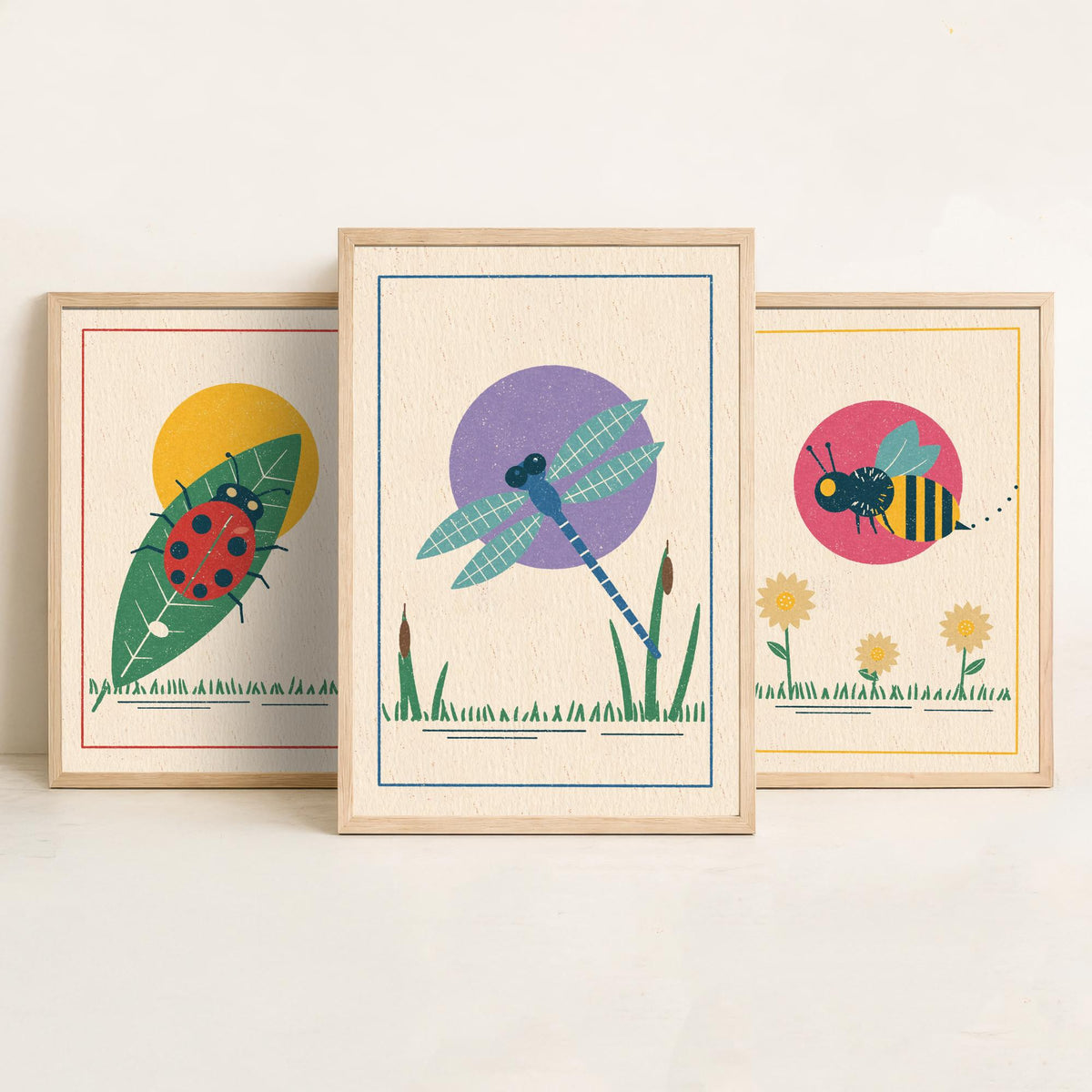 Garden Insect Set of Three Art Prints - Ladybird, Bee, Dragonfly - Linocut Style Poster Illustration V1