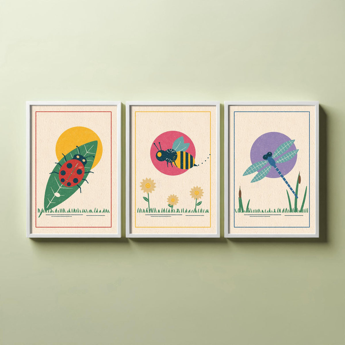 Garden Insect Set of Three Art Prints - Ladybird, Bee, Dragonfly - Linocut Style Poster Illustration V1
