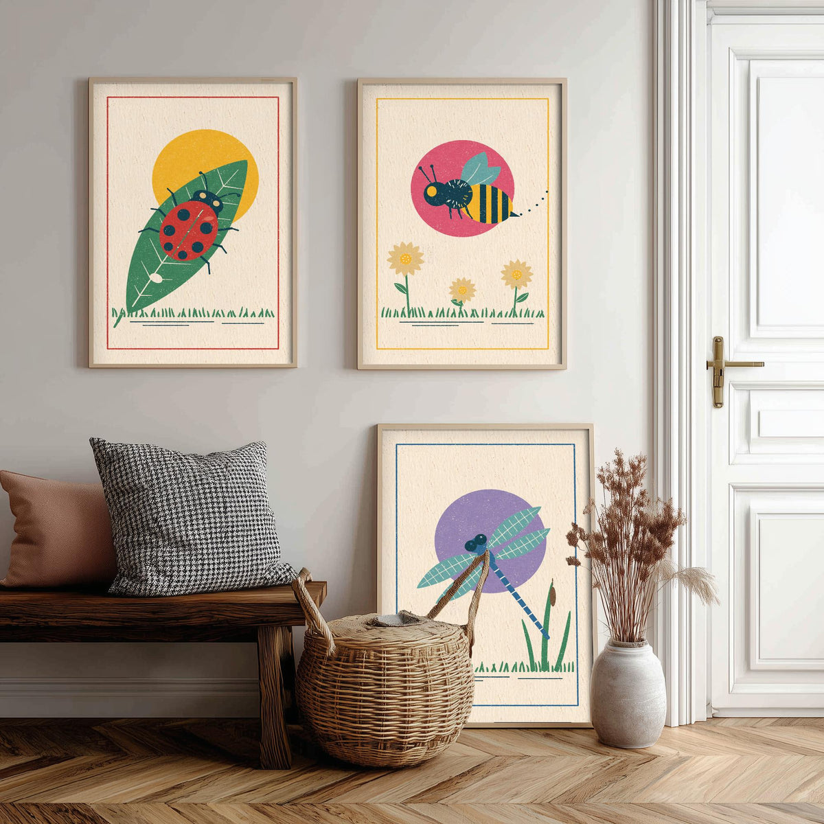Garden Insect Set of Three Art Prints - Ladybird, Bee, Dragonfly - Linocut Style Poster Illustration V1
