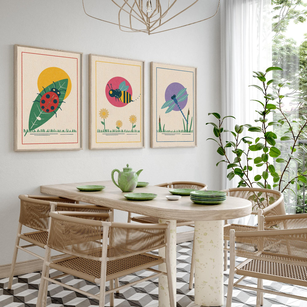 Garden Insect Set of Three Art Prints - Ladybird, Bee, Dragonfly - Linocut Style Poster Illustration V1