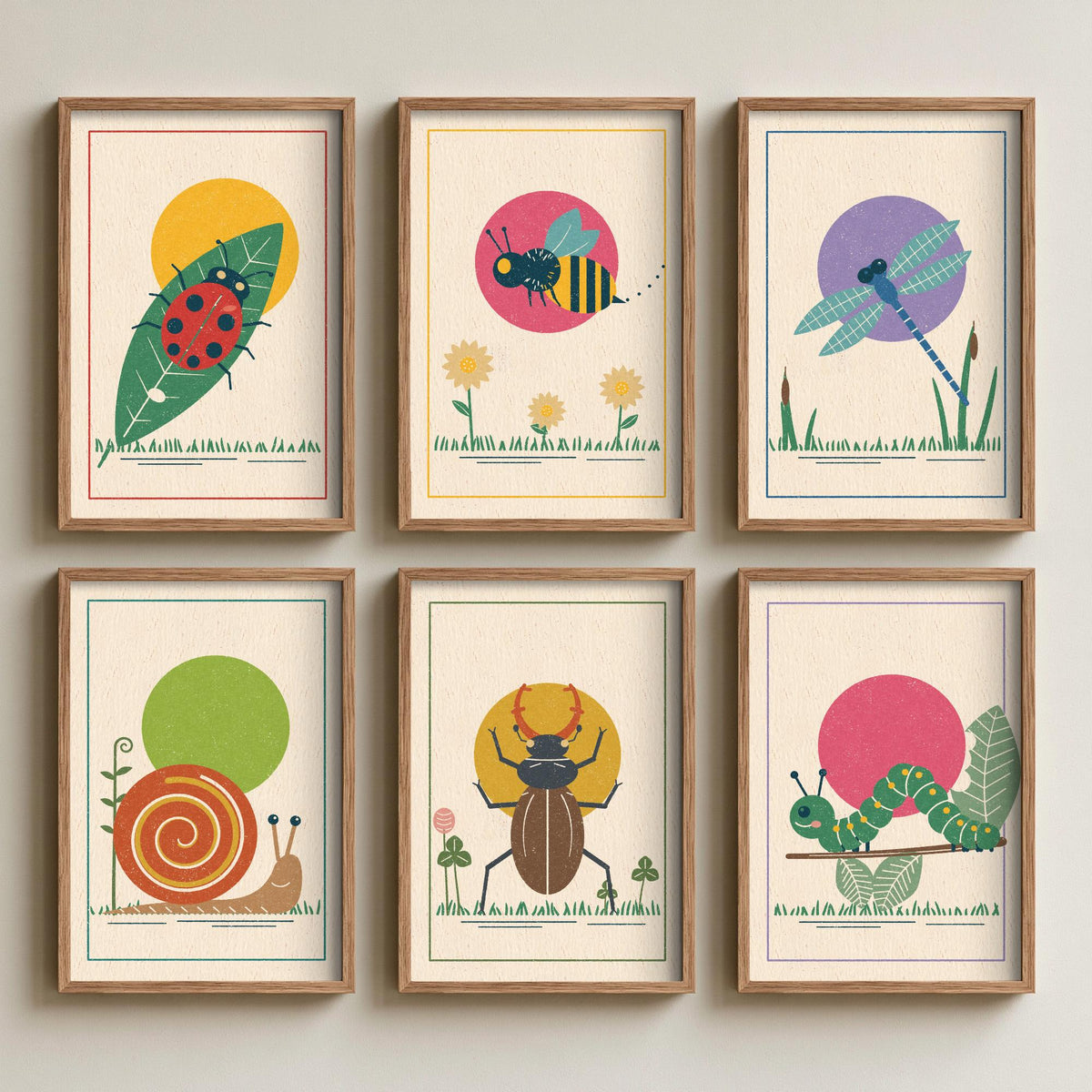 Set of Six Garden Insect Art Prints - 6 Linocut Style Bug Posters - Ladybird, Bee, Dragonfly, Snail, Stag Beetle, Caterpillar Illustration