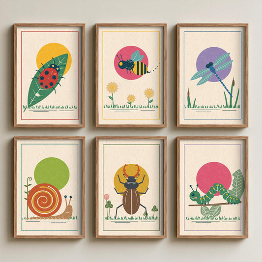 Set of Six Garden Insect Art Prints - 6 Linocut Style Bug Posters - Ladybird, Bee, Dragonfly, Snail, Stag Beetle, Caterpillar Illustration
