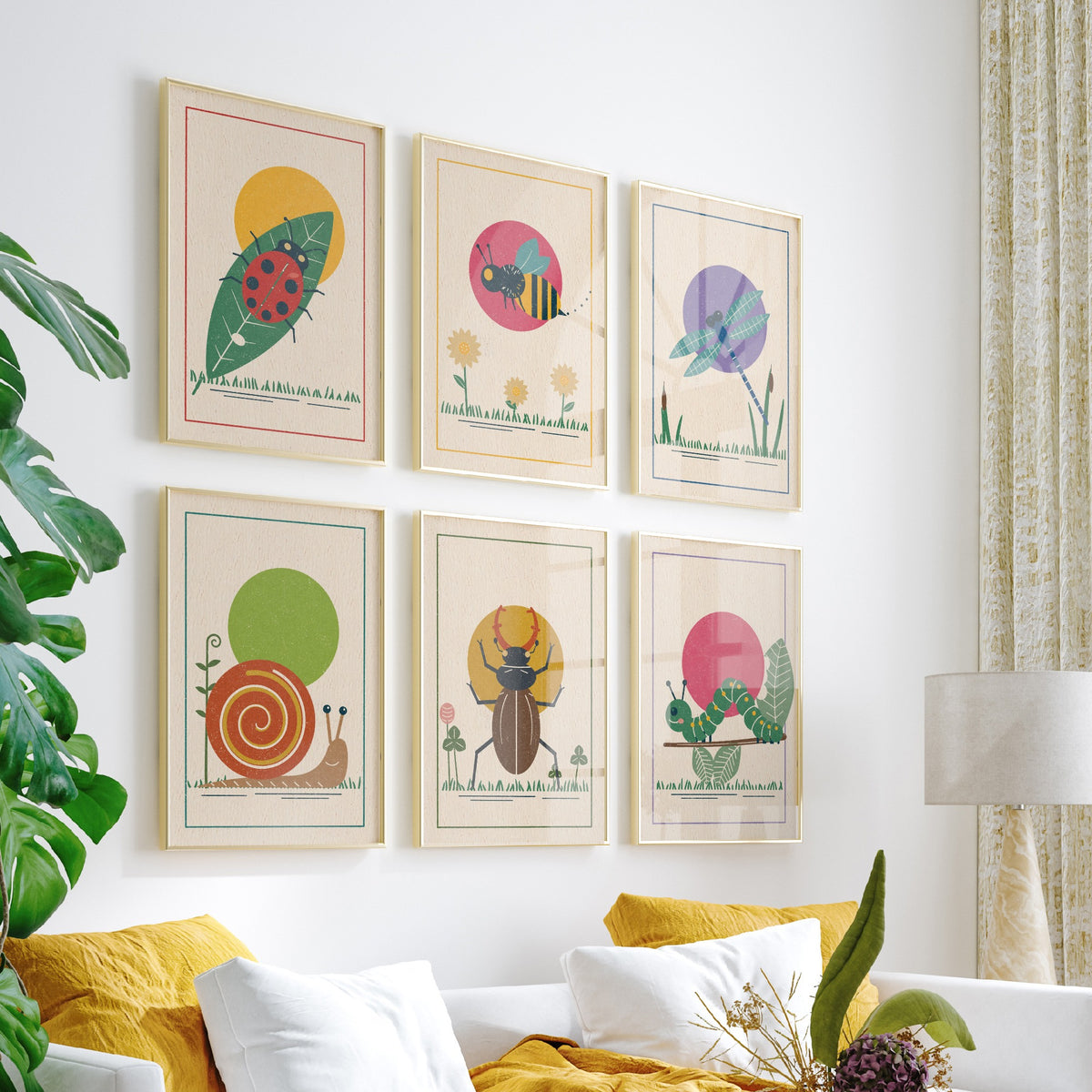 Set of Six Garden Insect Art Prints - 6 Linocut Style Bug Posters - Ladybird, Bee, Dragonfly, Snail, Stag Beetle, Caterpillar Illustration